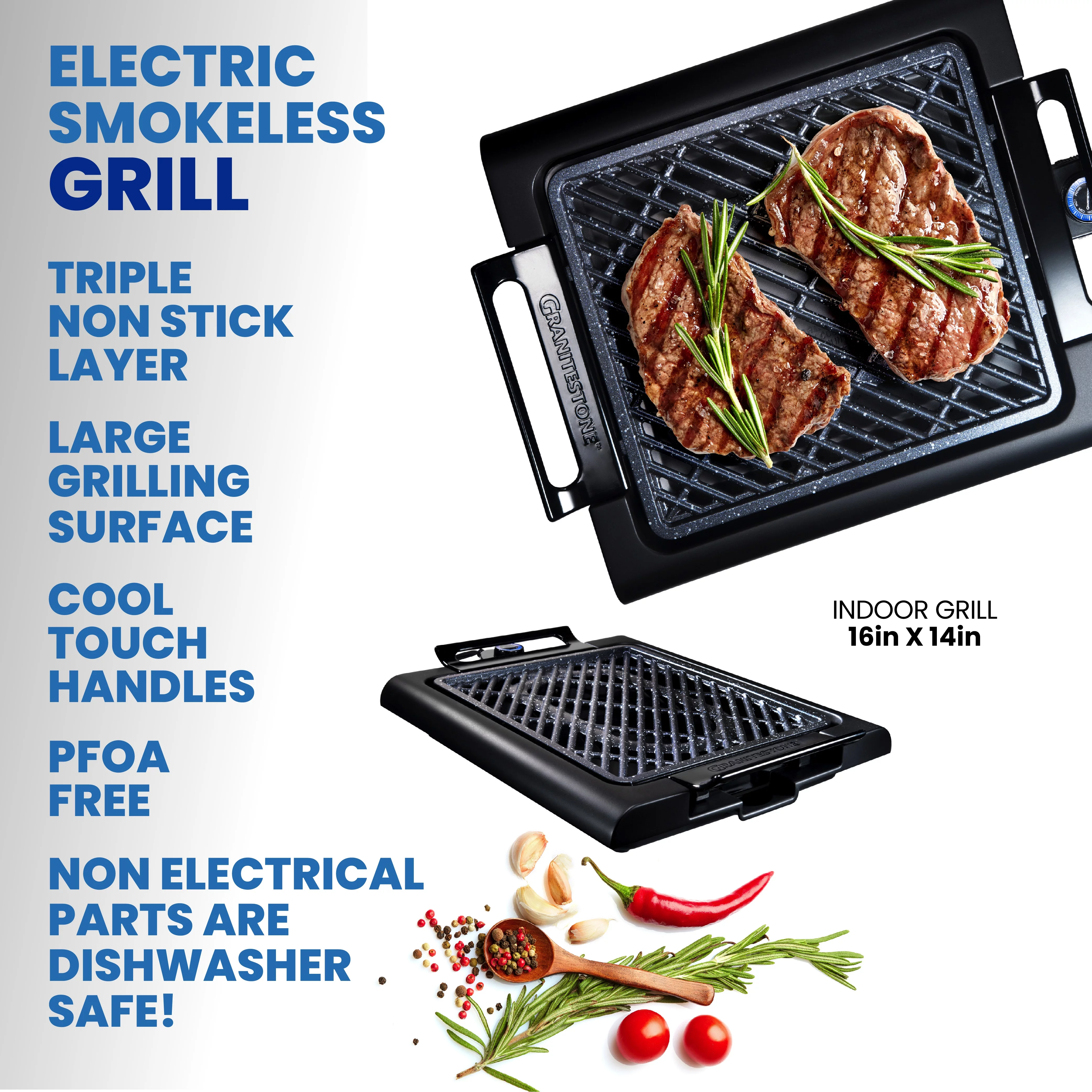 Granite stone Smokeless Grill Combo, Indoor Electric Smoke-Less Grill with Cool-touch handles and adjustable Temperature Dial, Nonstick, PFOA-Free