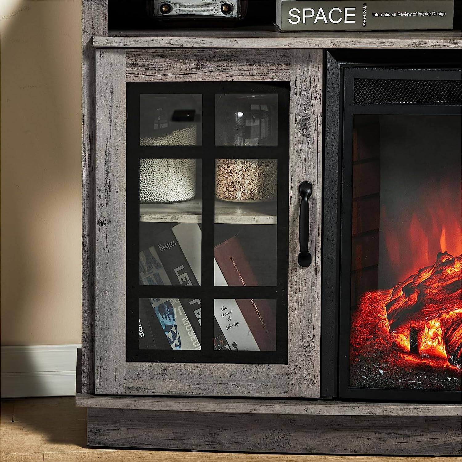 AMERLIFE TV Stand with 26' Fireplace, 63' Entertainment Center with Fireplace,  Wash Gray