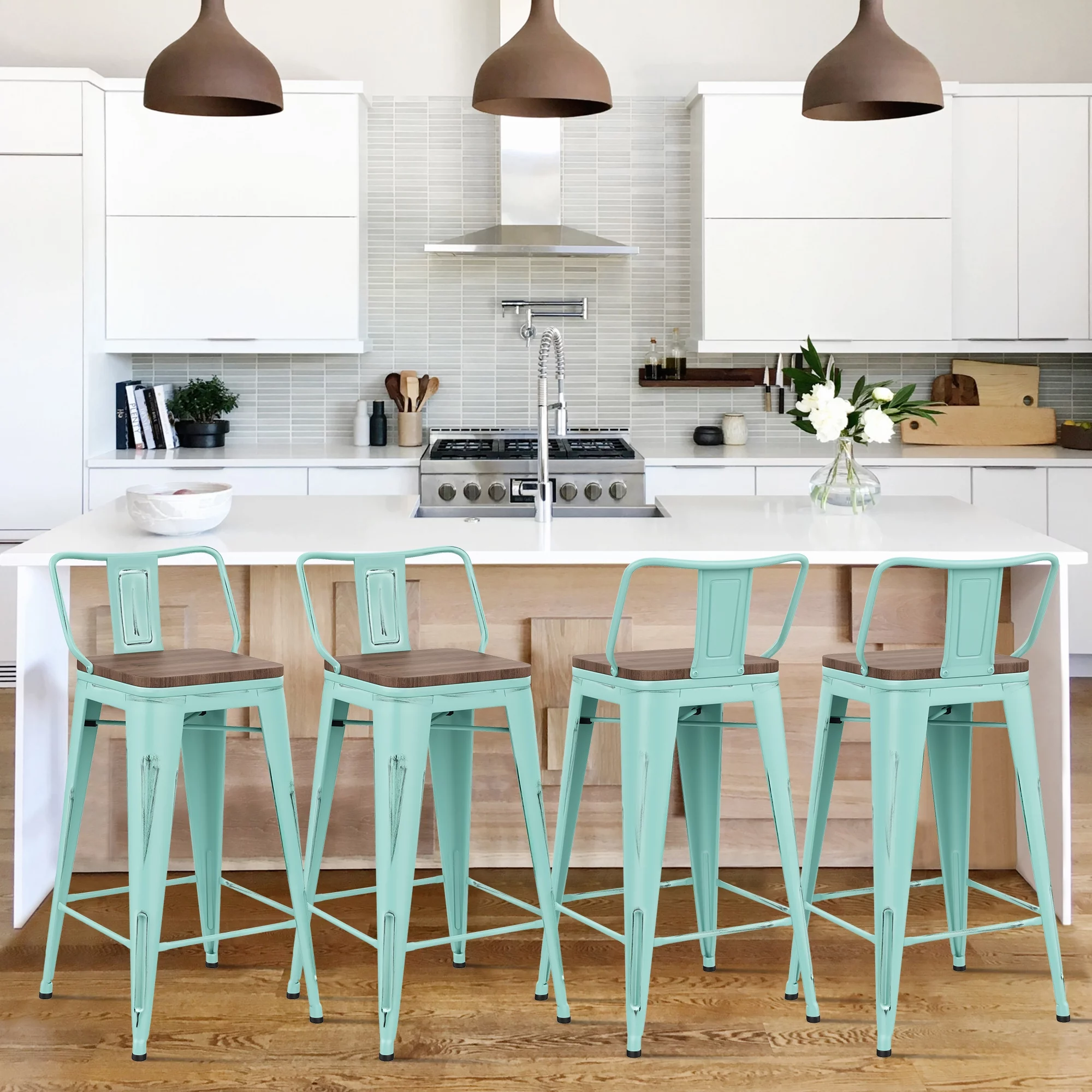 Andeworld Bar Stools Set of 4 Counter Height Stools Industrial Metal Barstools with Wooden Seats( 26 Inch, Distressed Green Blue)