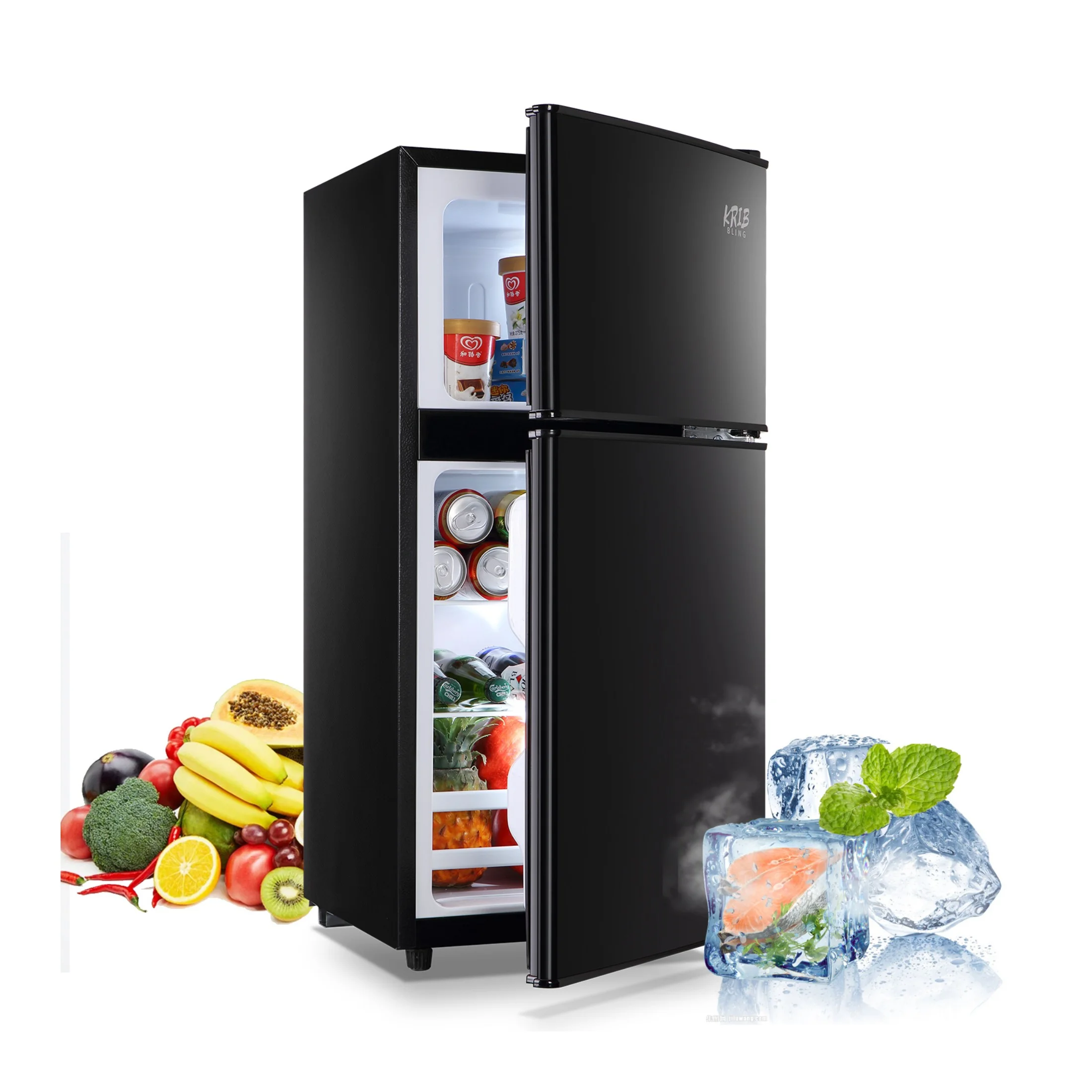 KRIB BLING 3.2 cu.ft Dorm Refrigerators with Freezers, Mini Refrigerators 2 Doors for Office, Apartment, Black
