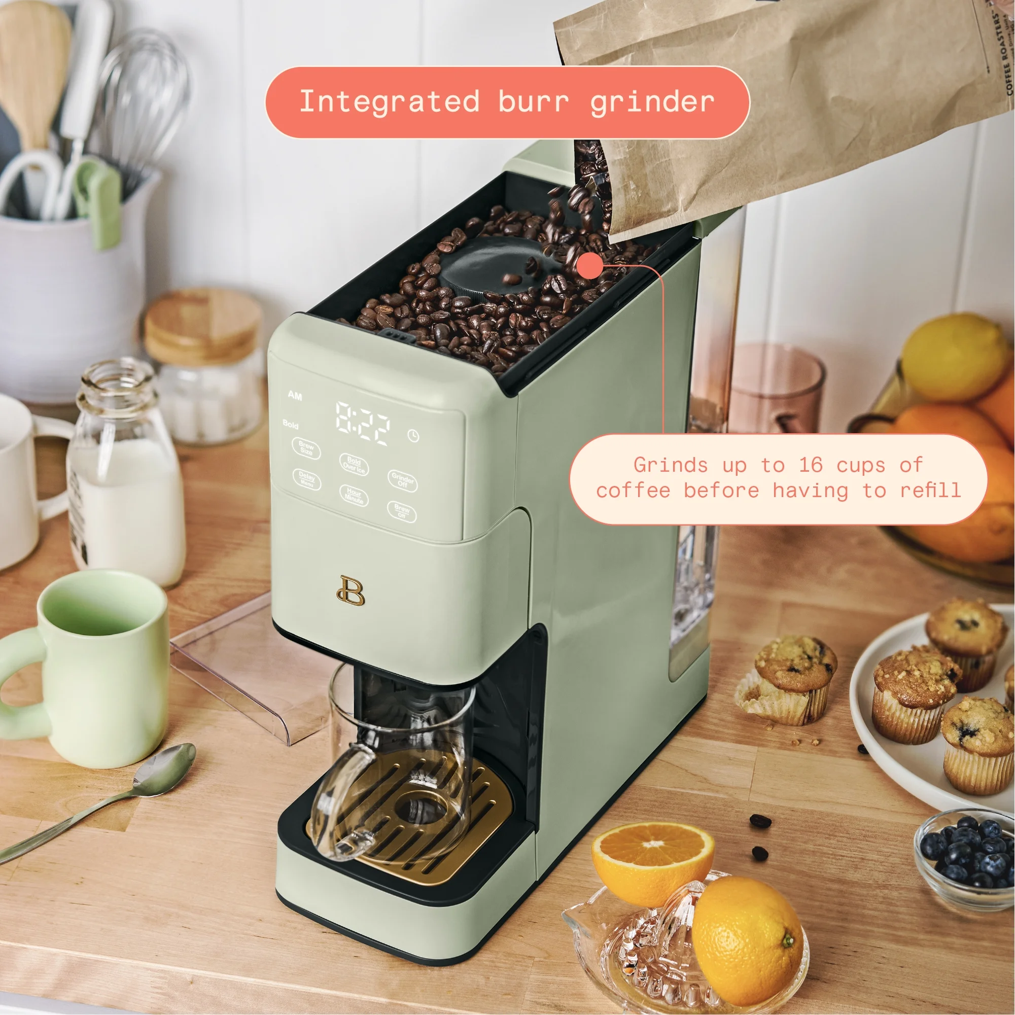 Beautiful Perfect Grind? Programmable Single Serve Coffee Maker, Sage Green by Drew Barrymore