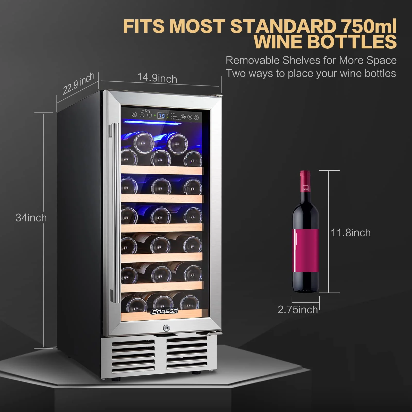 BODEGA 15 Inch Wine Cooler, 31 Bottlekeep Consistent Temperature Built-In Or Freestanding
