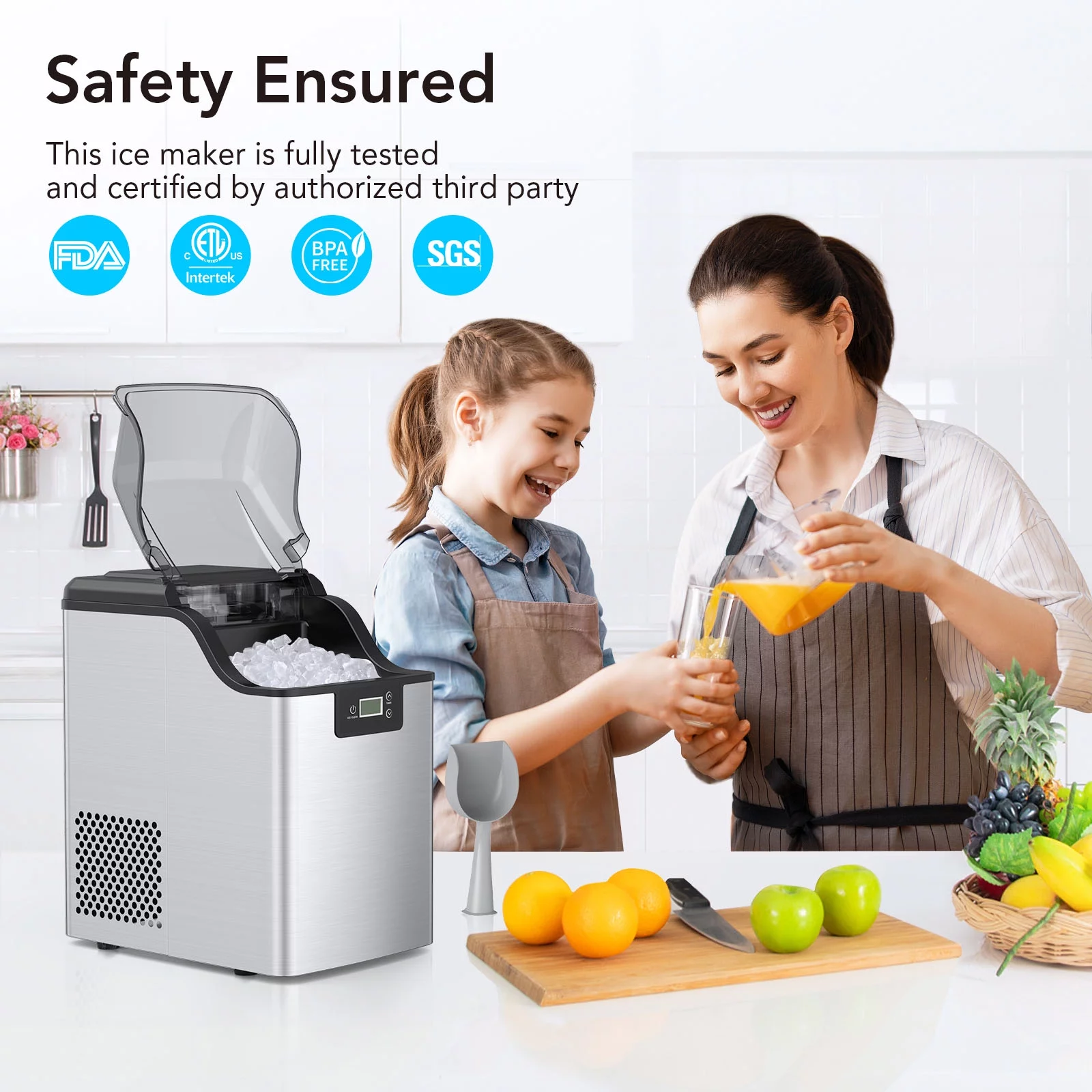 Ice Maker Machine Countertop with Ice Scoop,Stainless Steel Nugget Ice Maker,Max 44lbs in 24Hrs,Self-Cleaning Ice Machine for Home & Kitchen Office Bar Party Camping Use