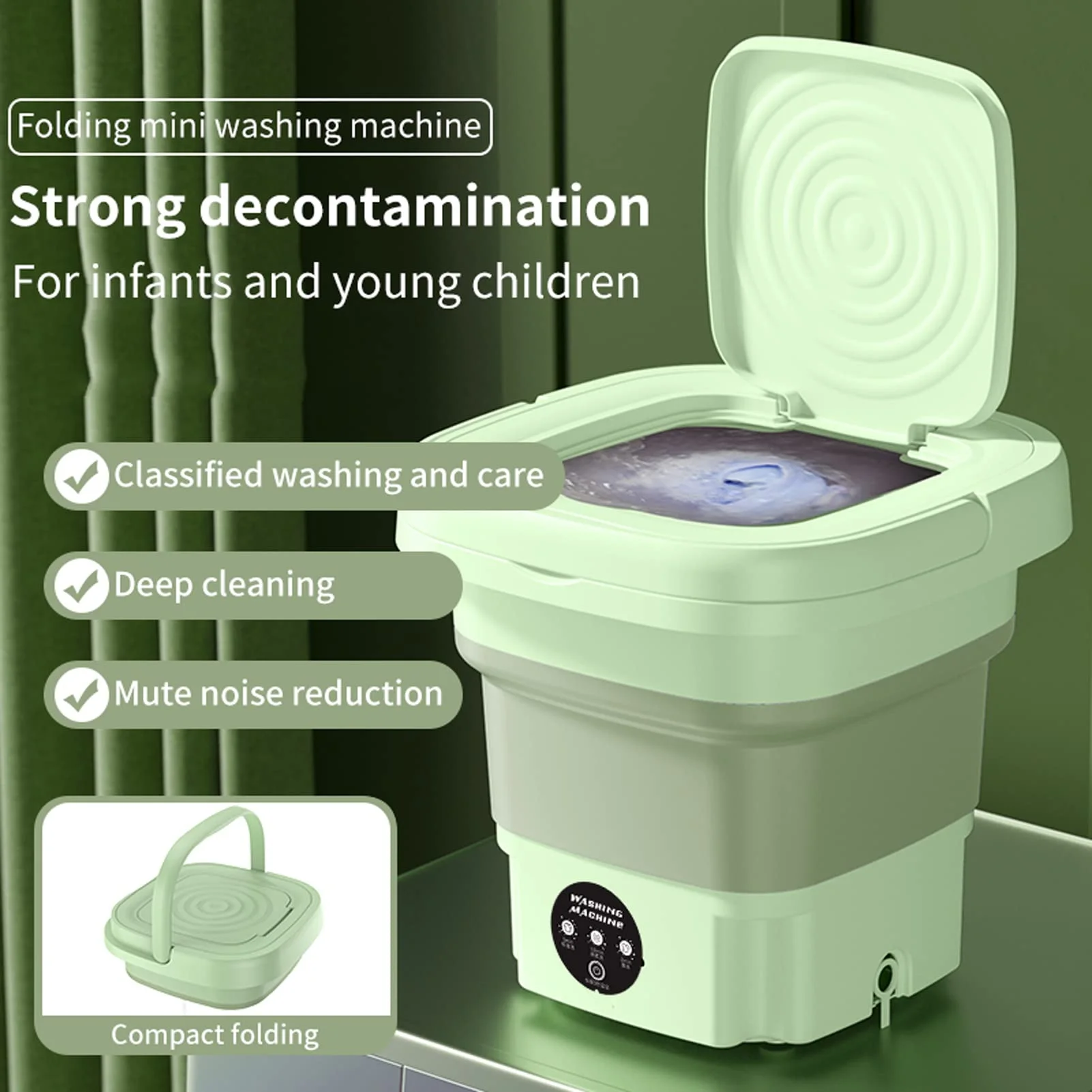 kiskick Intelligent Folding Laundry Tub Set - 8L Washing Machine with Blue Light, Drain Basket, Imitation Hand Washing, 3 Levels Timing Vibration Wave - US Plug, Home Supply