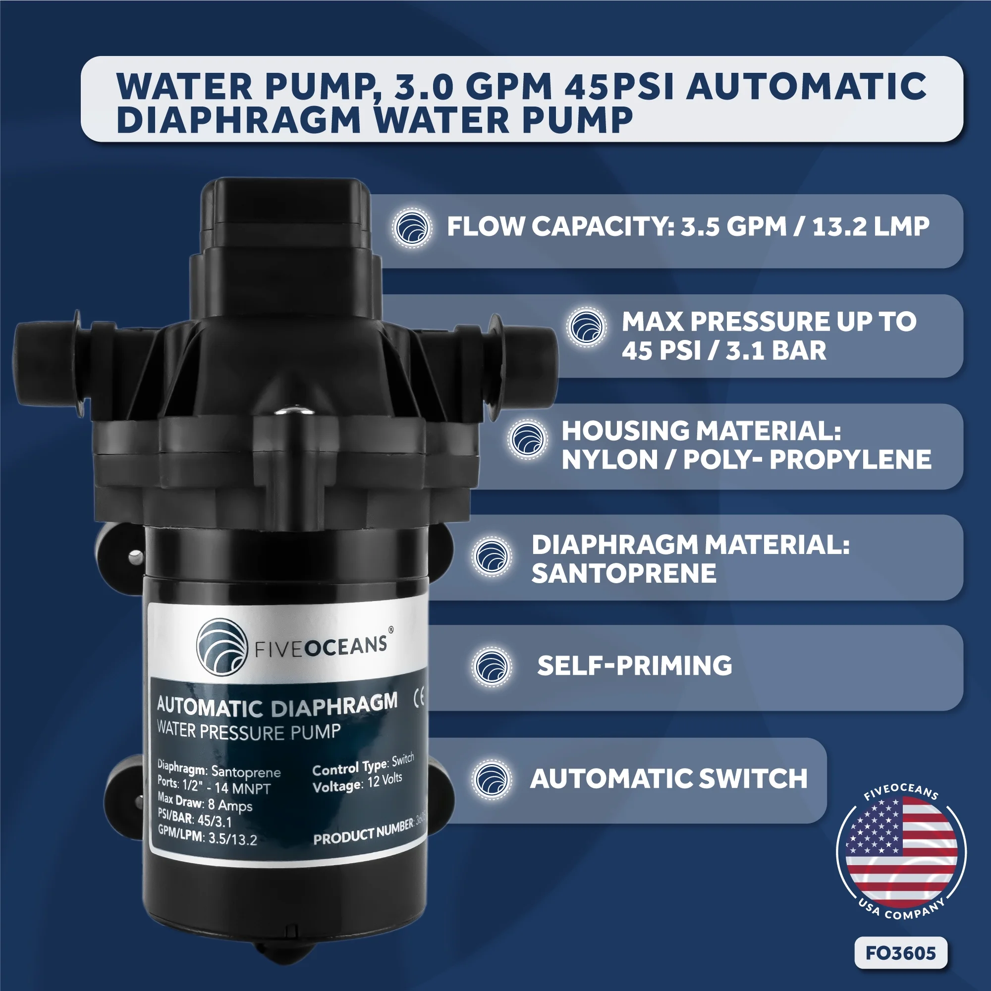 Five Oceans Water Diaphragm Self-Priming Pump, 3.0 GPM / 11.3 LPM, 45PSI Automatic Water Pump, Run Dry Safe, 12V DC, for Boat, RV, Trailer, Caravan, Truck - FO3605