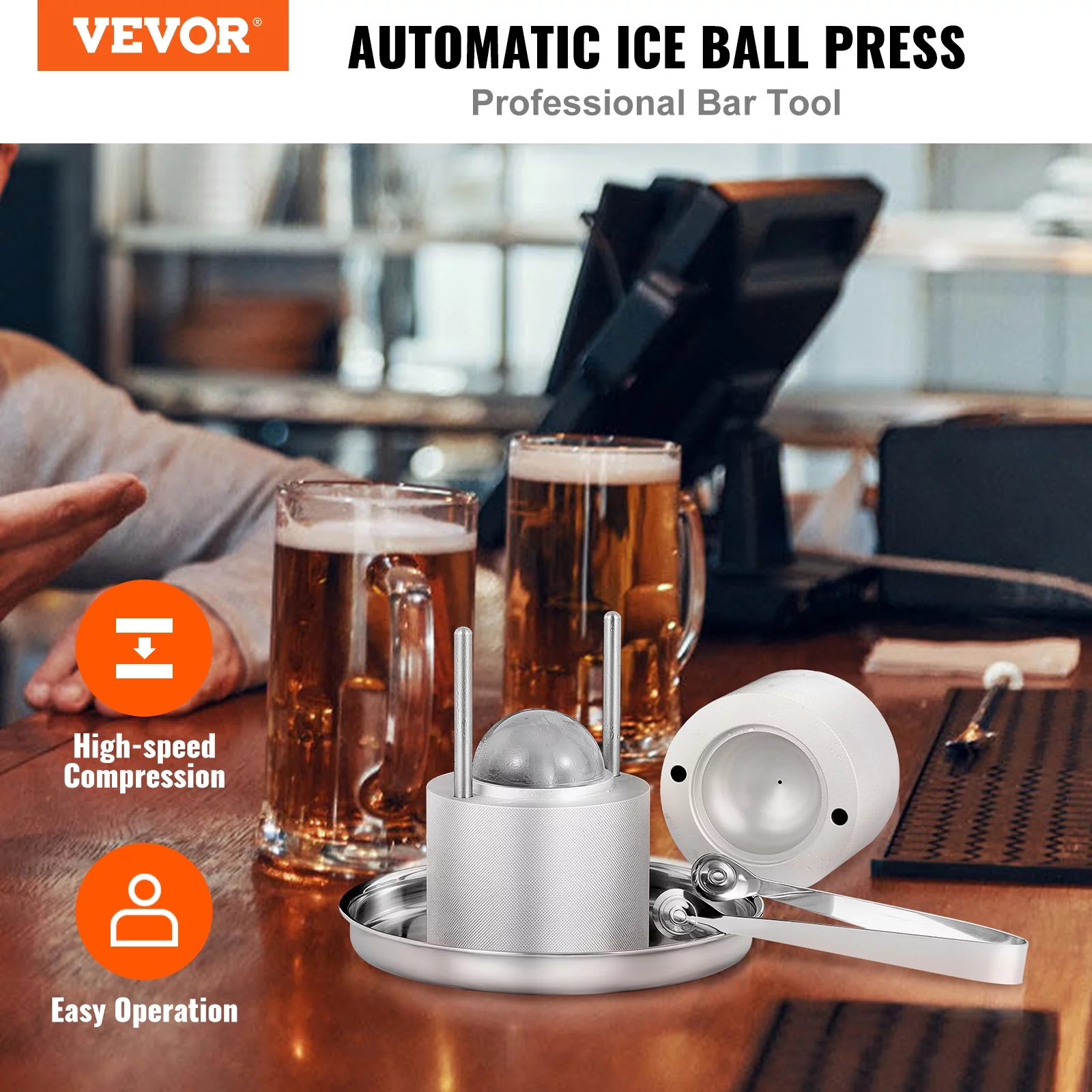 BENTISM Ice Ball Press Kit, 2.4'/60 mm Ice Ball Maker Includes Ice Press, Magnetic Gift Box, Tongs, Drip Tray for Whiskey Silver
