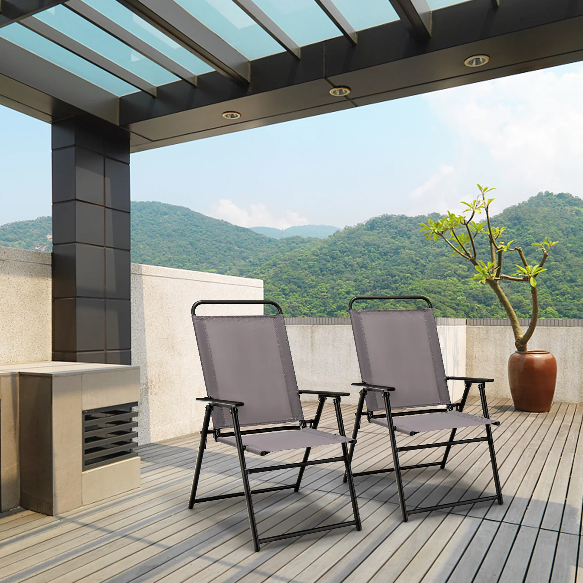 Costway 2pcs Patio Folding Chairs Dining Armrest Backrest Outdoor Portable Gray