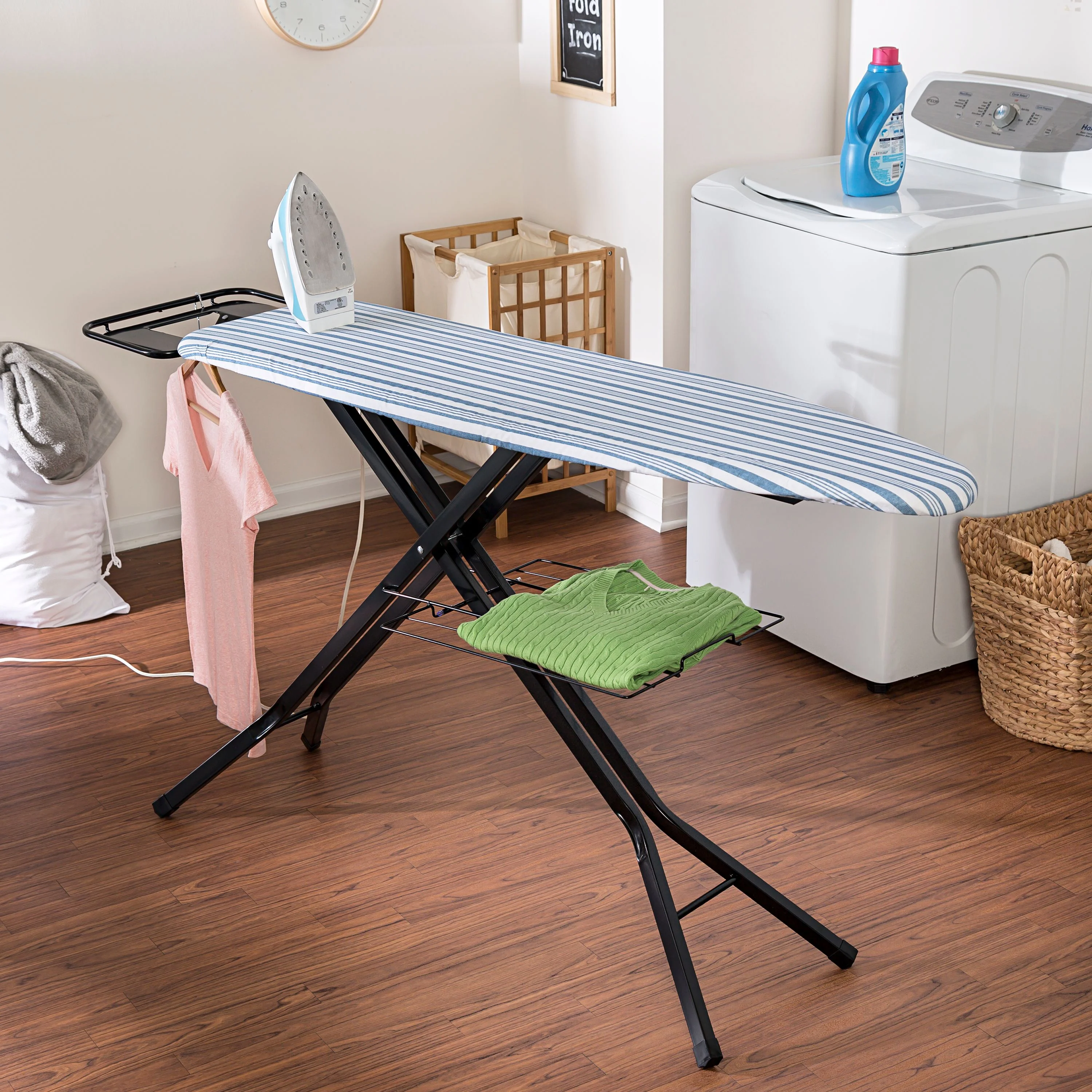 Honey-Can-Do Bronze and Blue Stripe Adjustable Folding Deluxe Ironing Board with Iron Rest