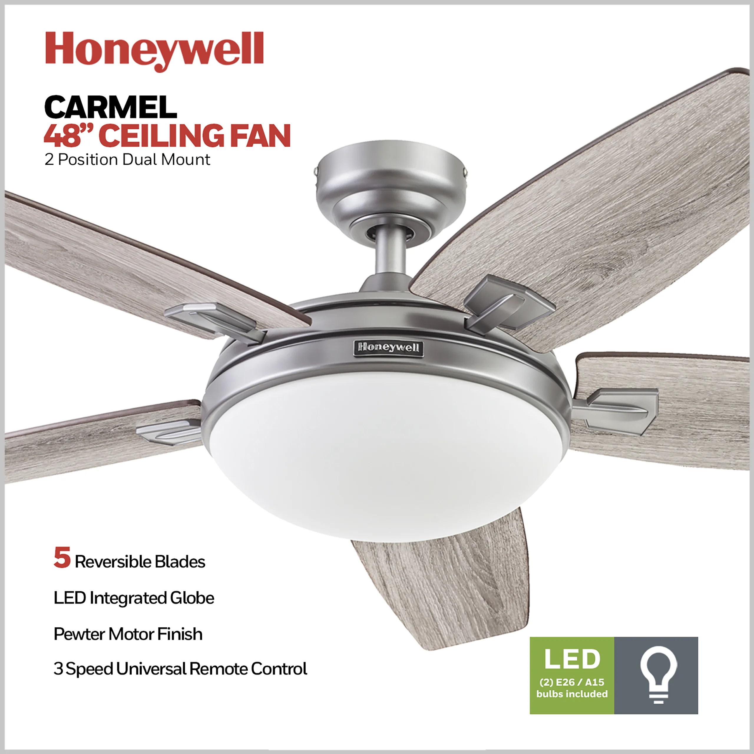 Honeywell Carmel 48' Pewter Ceiling Fan with Lights and Remote Control