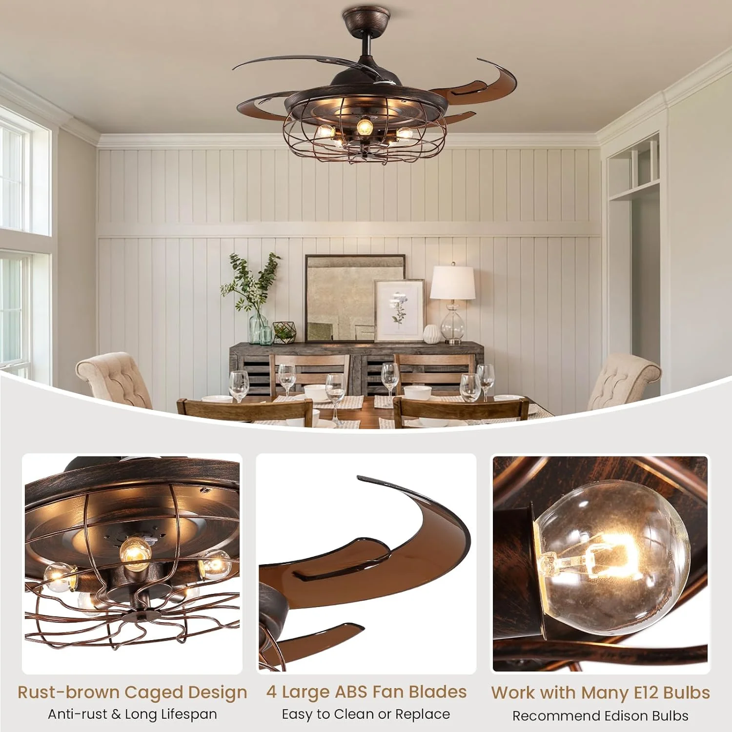 HOOMEDELIER 48' Indoor Ceiling Fan with Light,Cage Ceiling Fan with Remote,4 Retractable Blades