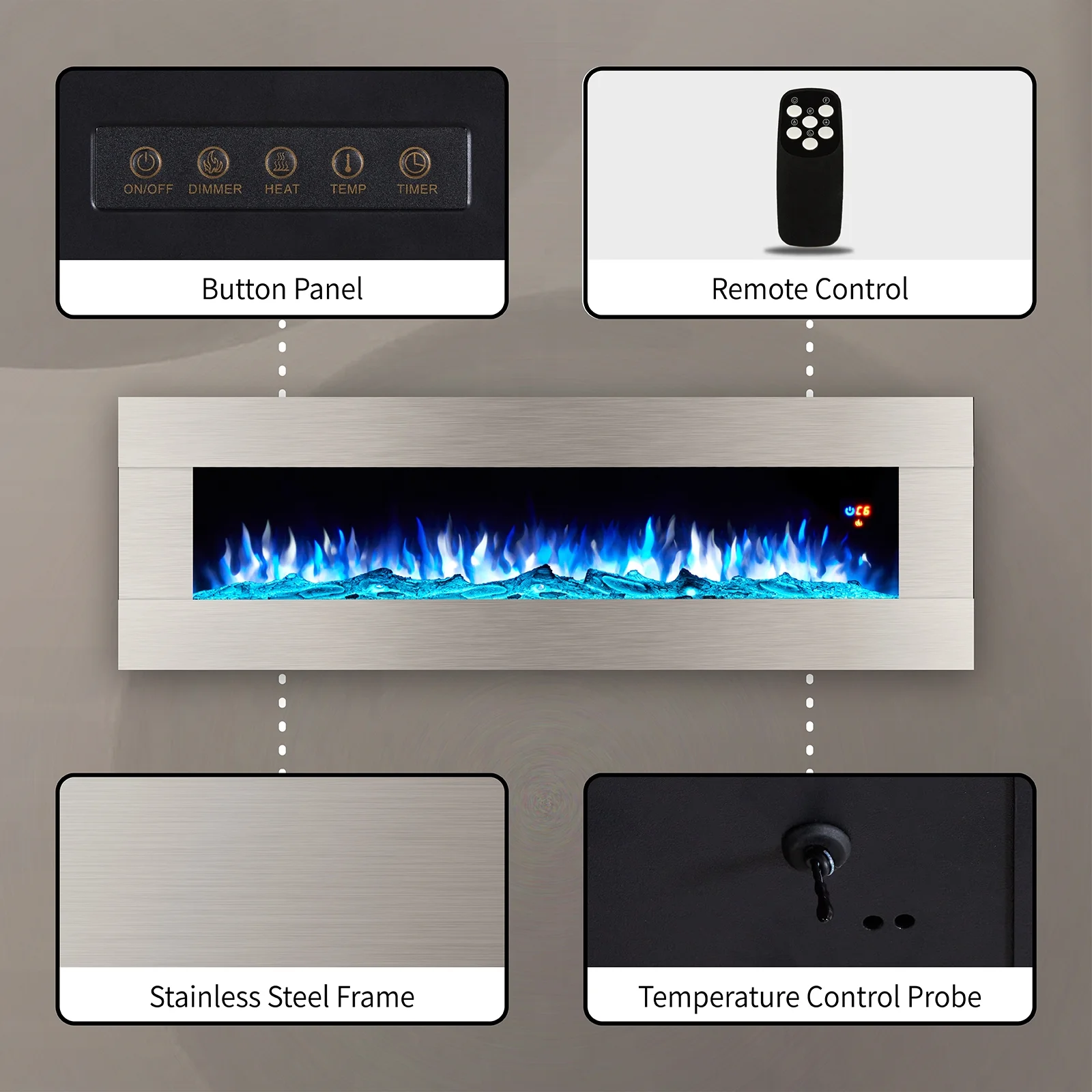AMERLIFE 60' Wall Mounted Electric Fireplace, Stainless Steel Frame