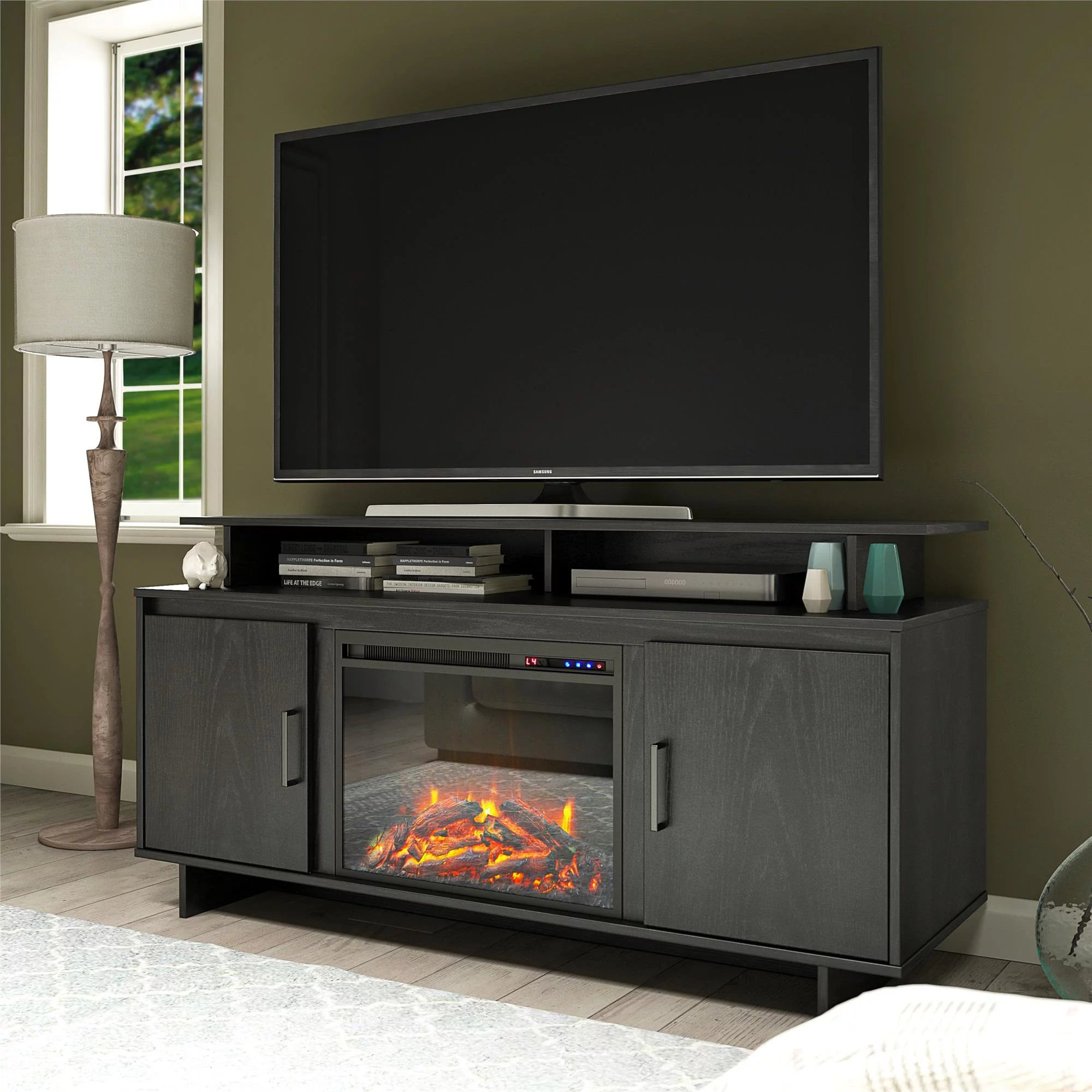 Ameriwood Home Midland Avenue Electric Fireplace TV Console with Storage Cabinets for TVs up to 74