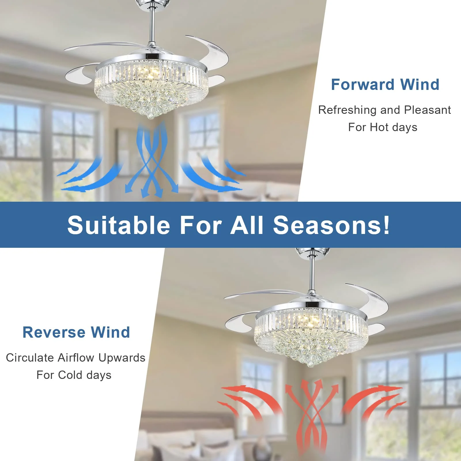 HOOMEDELIER?52' Crystal Ceiling Fan with Light Remote/App Control,Modern Dimmable Led Ceiling Fan with 4 Retractable Fan Blades for Living Room Bedroom-Chrome