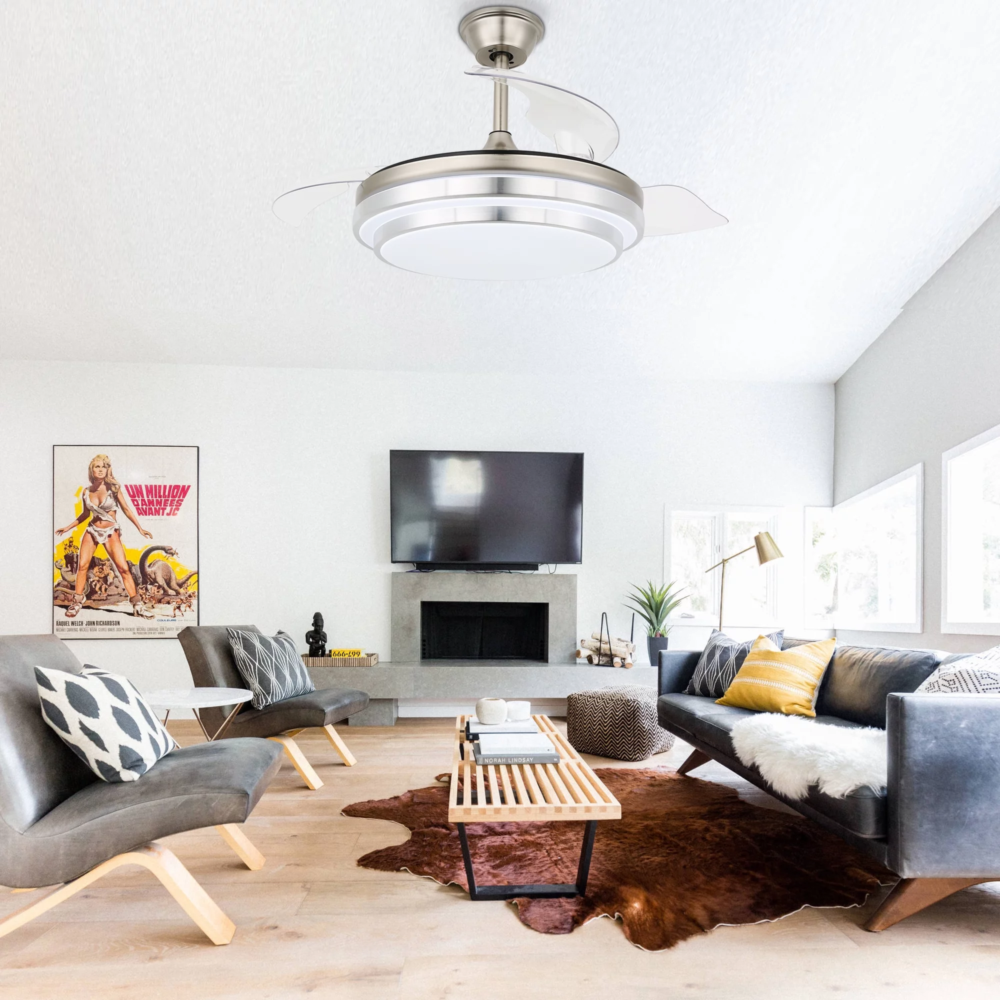 36' Retractable Ceiling Fan With Remote Control and Light Kit, Silver Modern Reversible Ceiling Fan