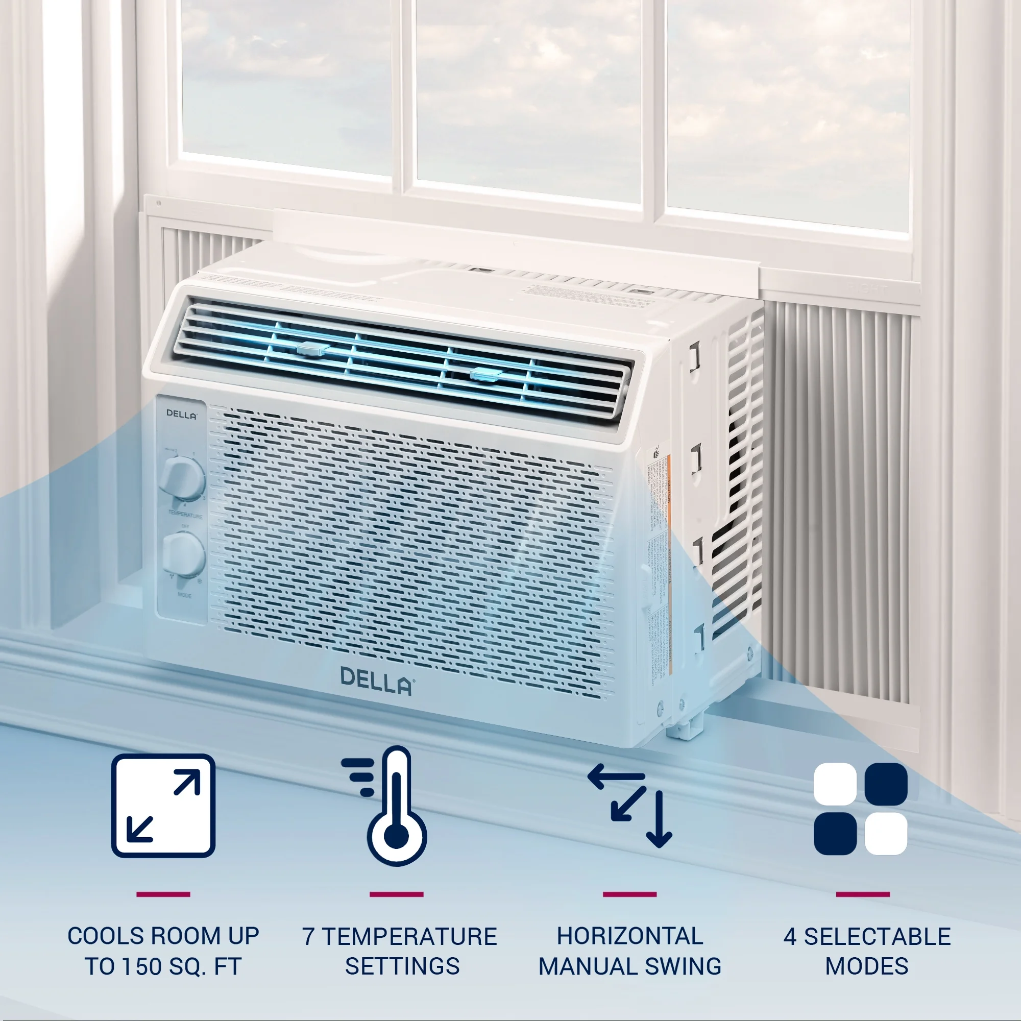 DELLA Window Air Conditioner 5000 BTU, Cools Up To 150 Sq. Ft., Easy Mechanical Control, Energy Saving, Whisper Quiet AC Unit with Reusable Filter, Easy Install Kit