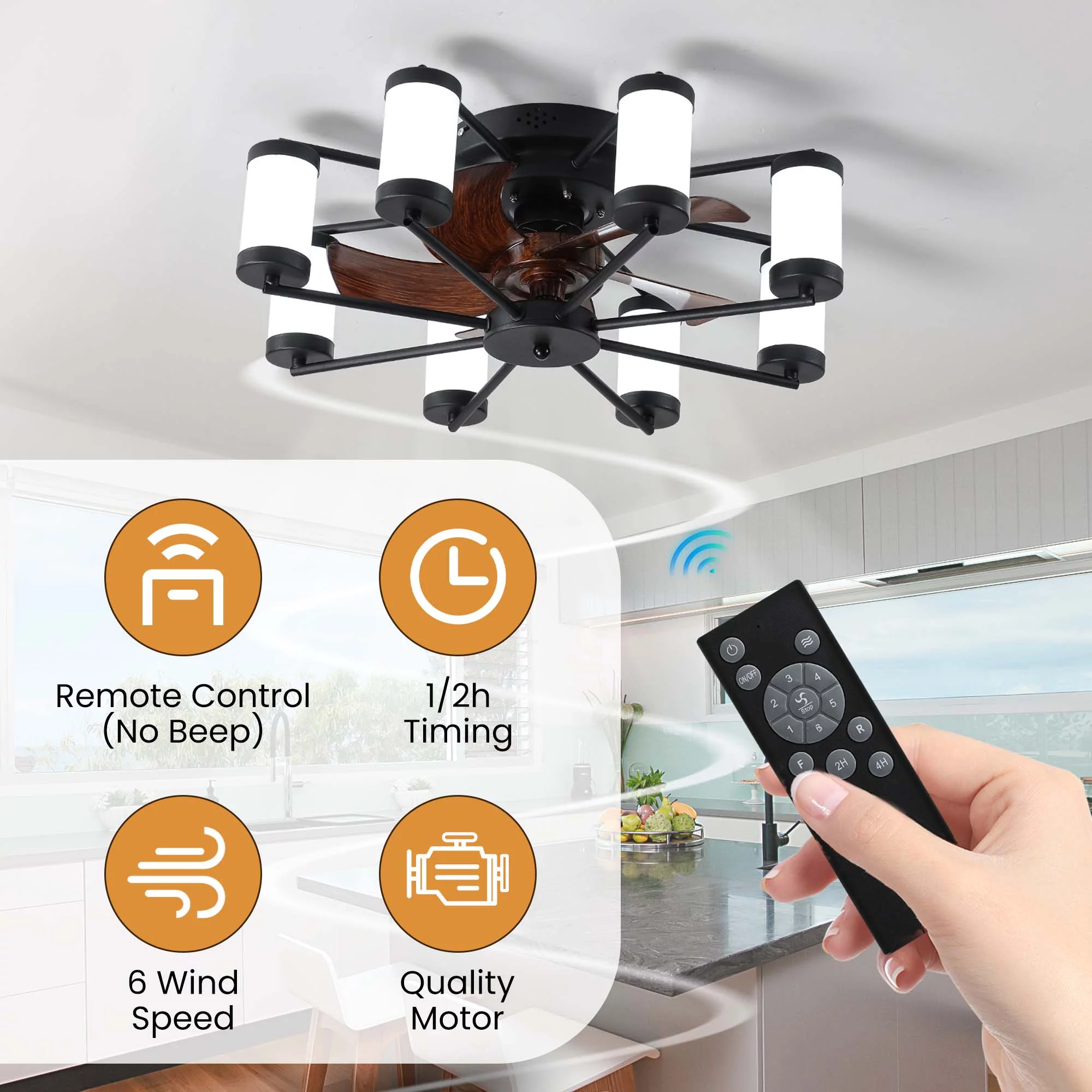 Aukfa 21.7' Ceiling Fan with Dimmable LED Light, 6 Speeds, Black Finish for Cooling and Illumination in Any Room