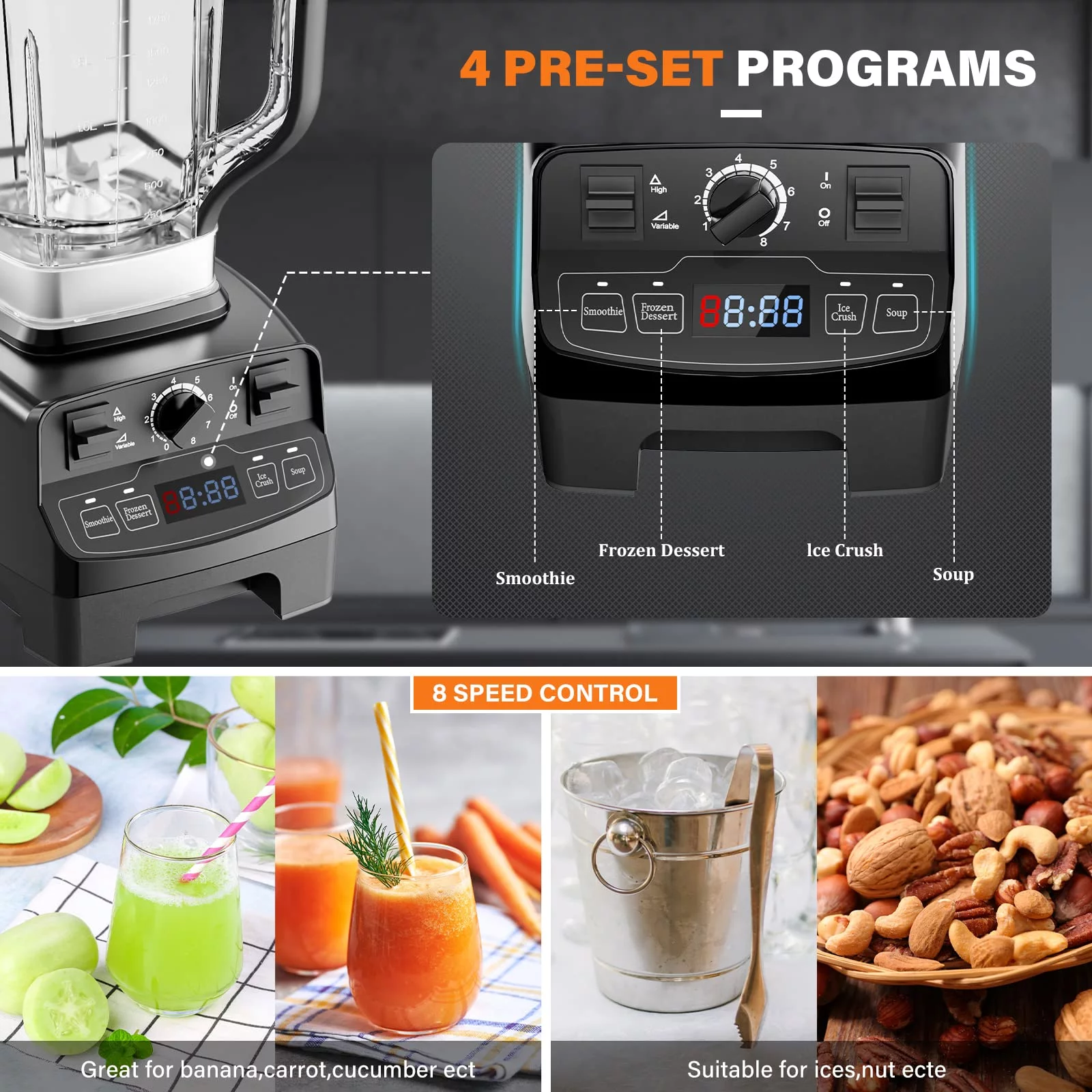 Kisdream Smoothie Blender Maker, 1450W High Performance Blender for Kitchen with 4 Preset Programs, 8 Speeds Control, 33000RPM Powerful BlenderLCD Time Display, 2L Tritan BPA Free Container