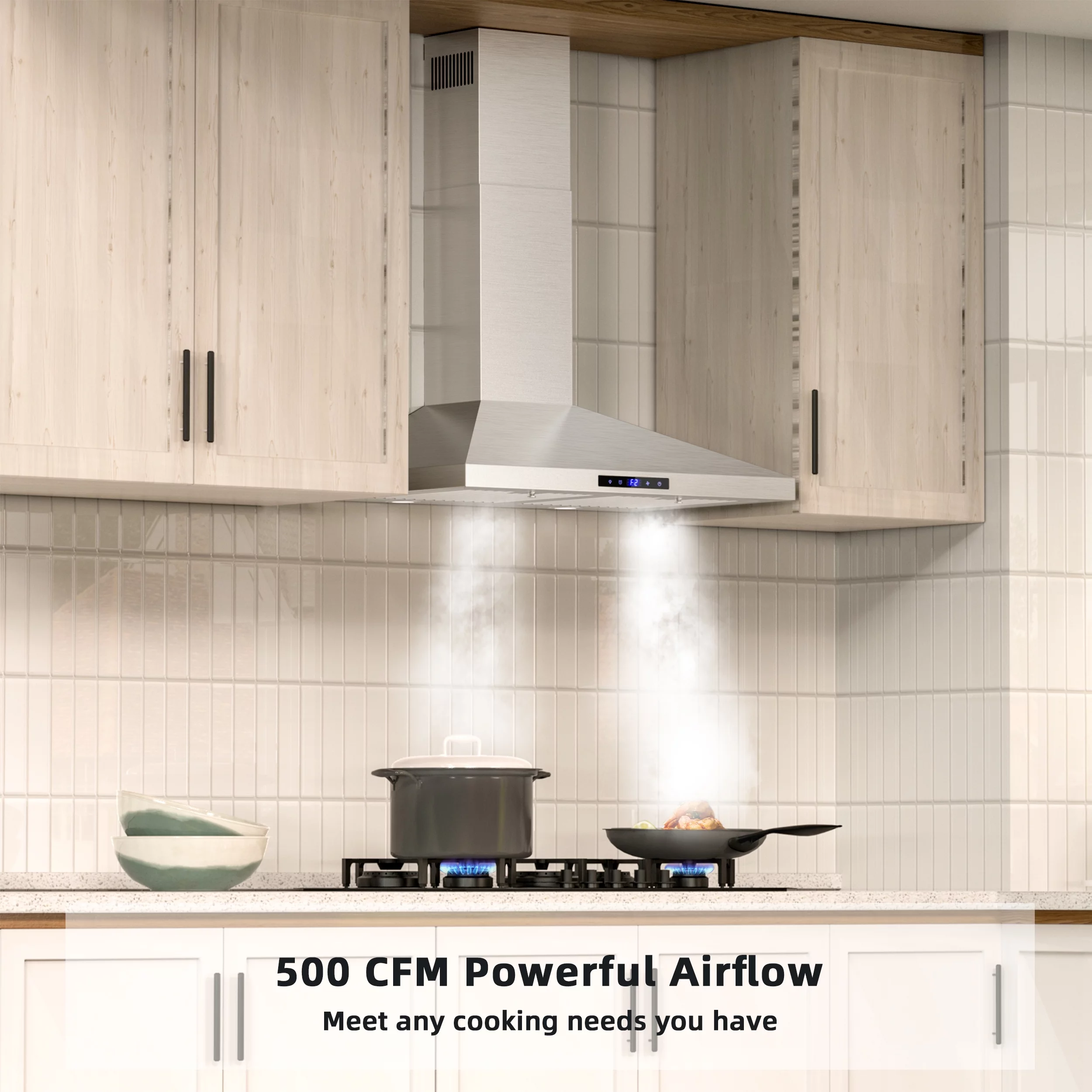 FIREGAS Range Hood 30 Inch, Stainless Steel Wall Mount Kitchen Hood with 3 Speed Exhaust Fan, Ducted/Ductless Convertible, Touch Control, Stove Vent Hood with 5-Layer Aluminium and Charcoal Filters