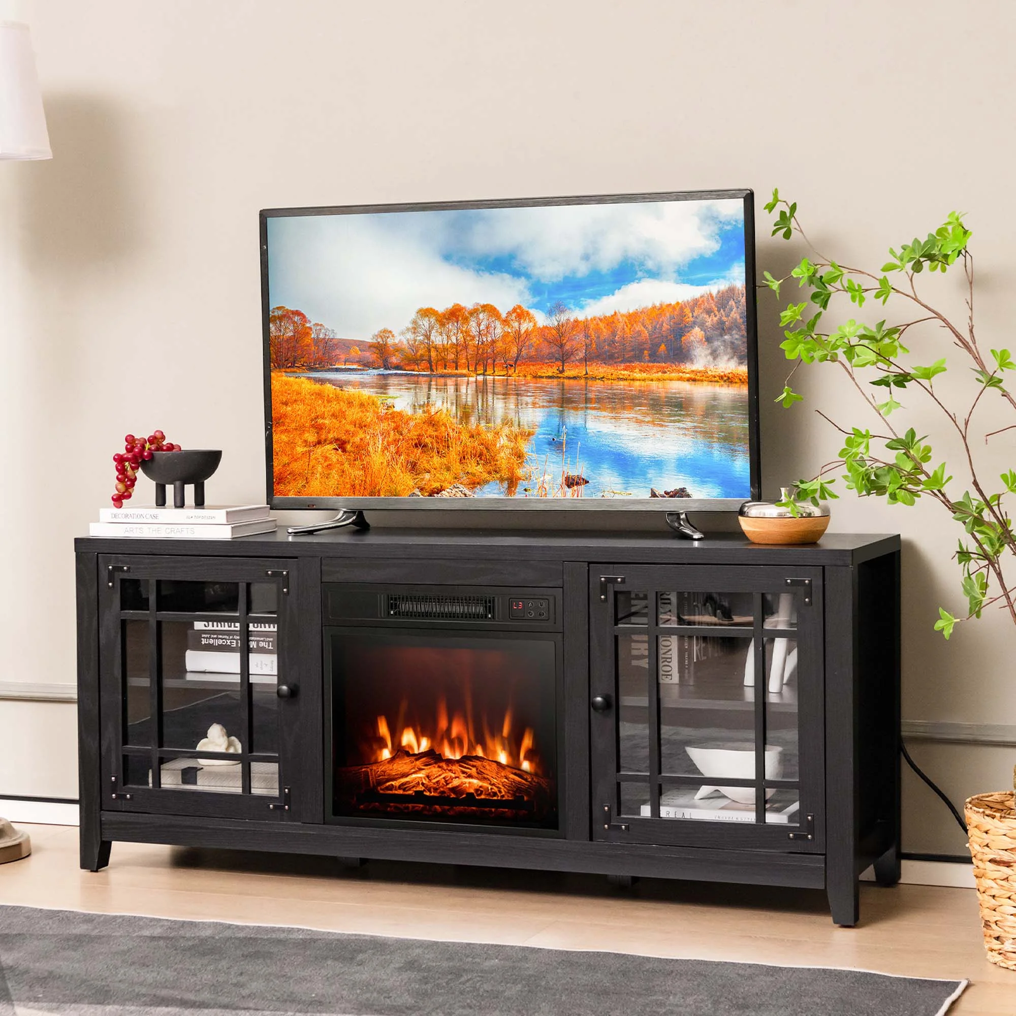 Costway 58 Inches Fireplace TV Stand for TVs up to 65 Inches with 1400W Electric Fireplace Black