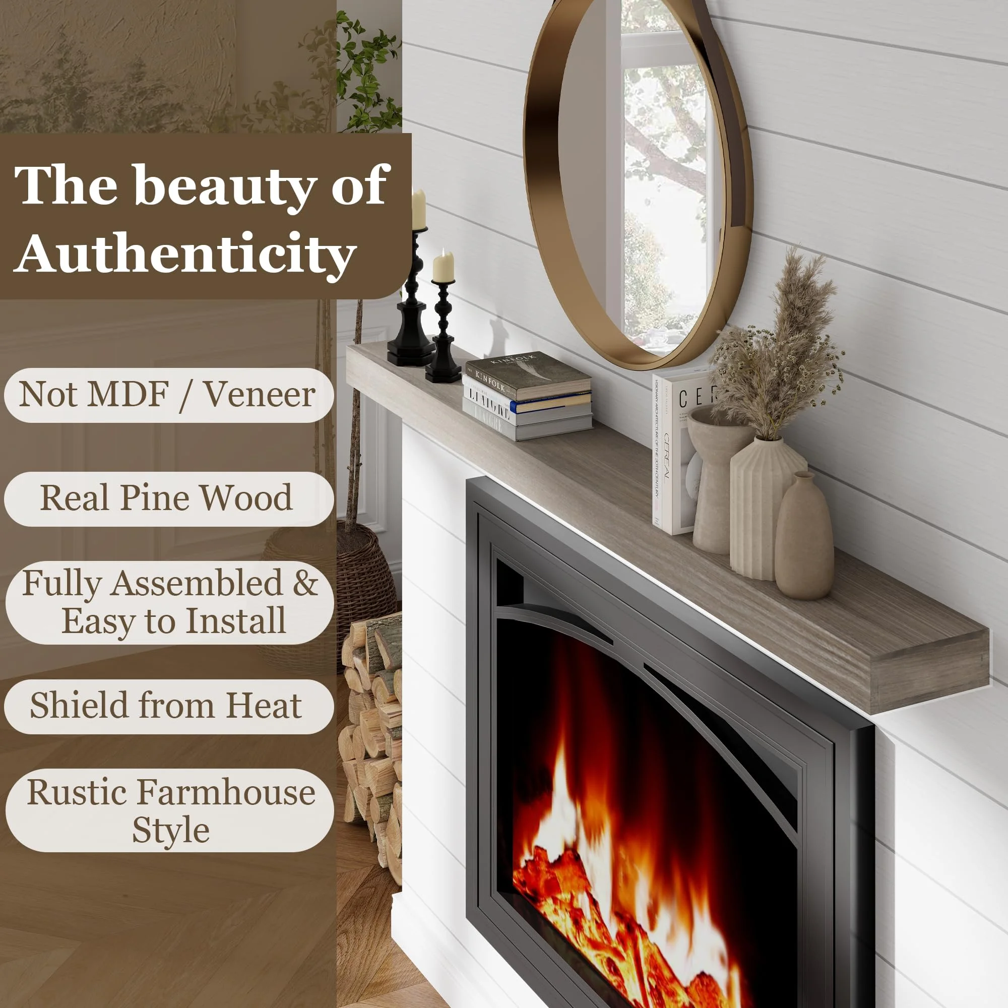60in.Solid Wood Fireplace Mantel Wall Shelves Wall Mounted Floating Shelf 60'W x 3'H x 8'D, Ash Gray