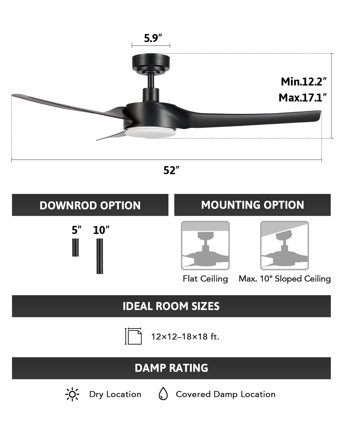 Bestco Modern 52' Smart Ceiling Fan with Dimmable Light Kit & Remote, Black