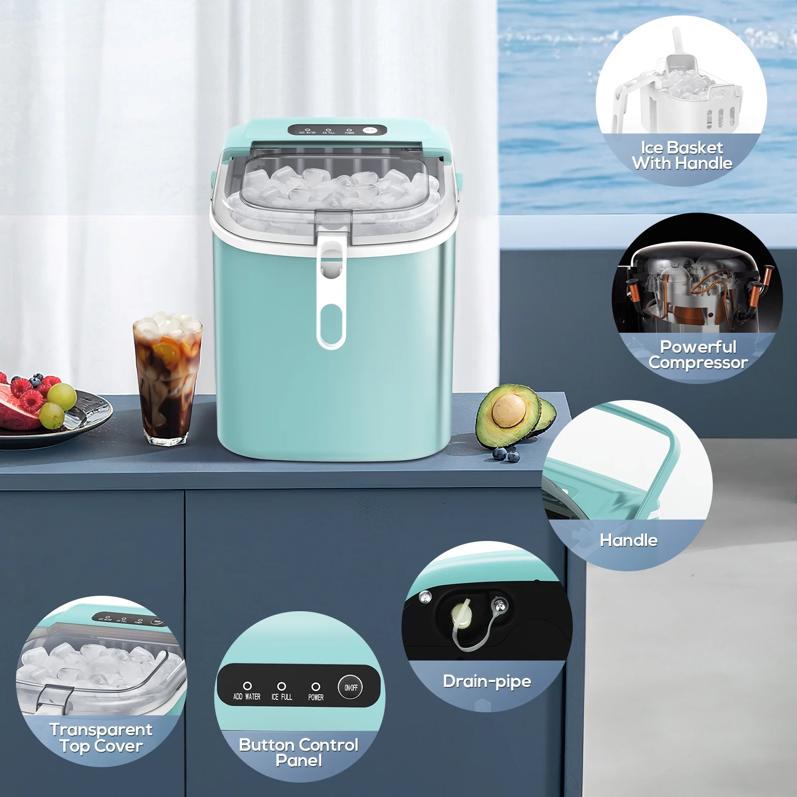 KISSAIR Portable Ice Maker Countertop, with Handle, 26Lbs/24H, 9Pcs/6Mins, One-Click Operation Ice Makers with Ice Scoop and Basket, Self-Cleaning, for Kitchen/Office/Bar/Party (Green)