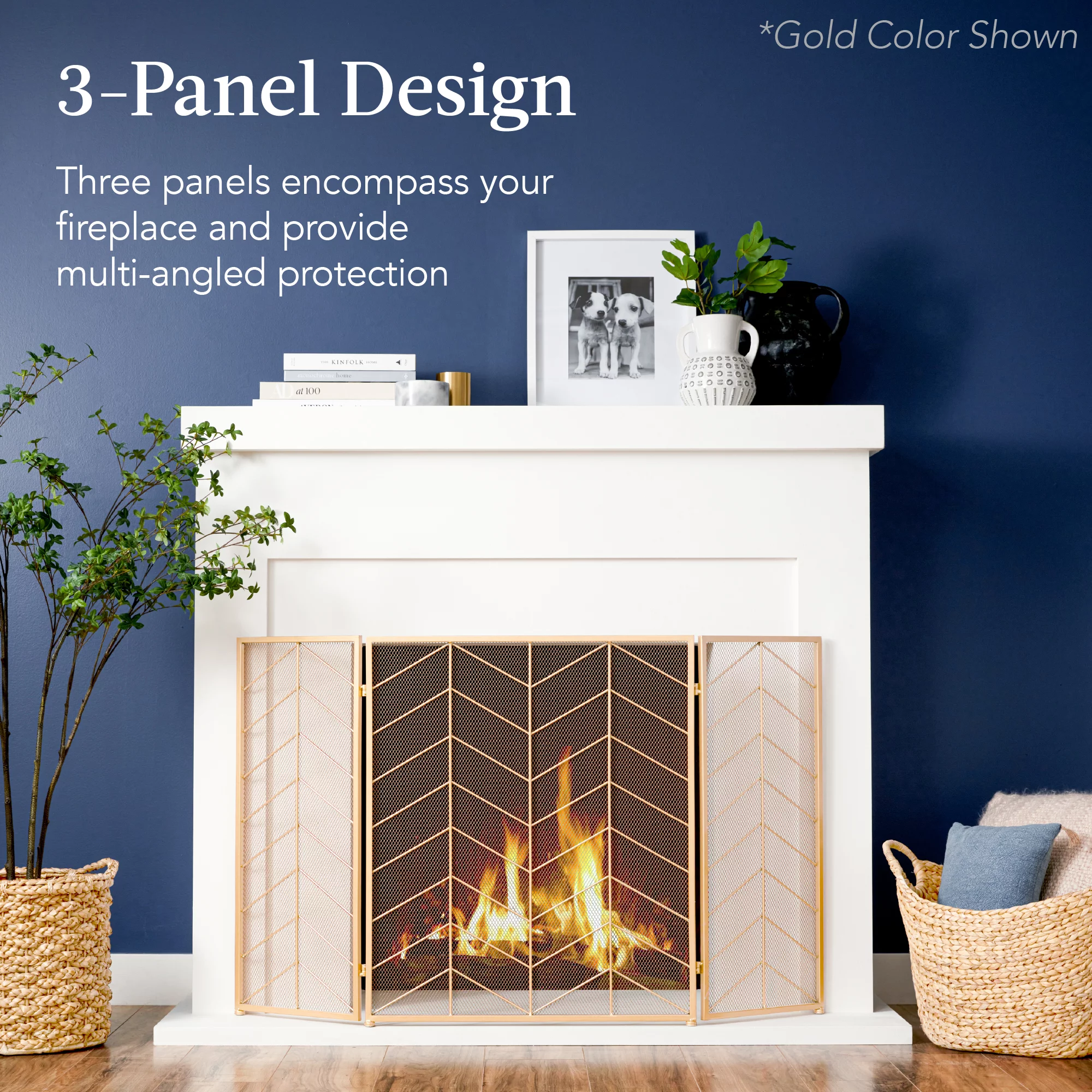 Best Choice Products 52x31in 3-Panel Iron Chevron Fireplace Screen, Spark Guard w/ Handles - Black