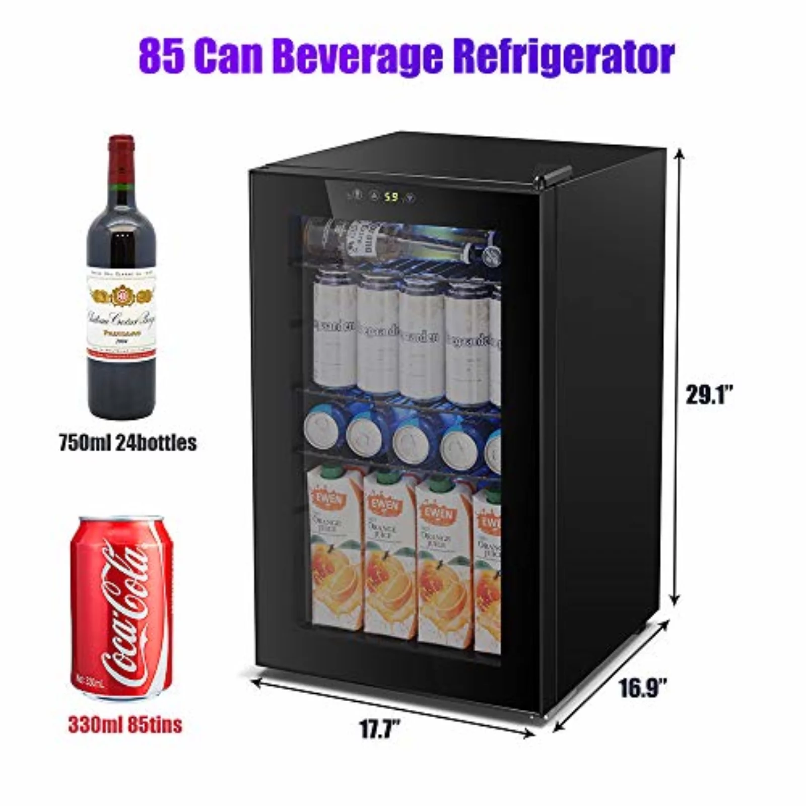 Fornido Beverage Refrigerator, 85 Can Mini Fridge with Glass Door for Beer, Soda or Wine, Under Counter Wine Cooler for Home, Office or Bar (Black)