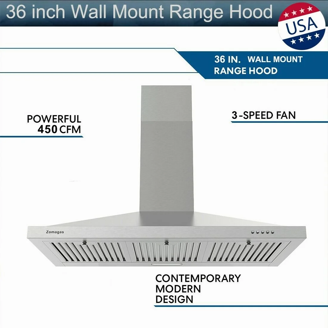 36 inch Range Hood Wall Mounted Vent Hood Stainless Steel Ducted/Ductless 3 Speed Exhaust Fan