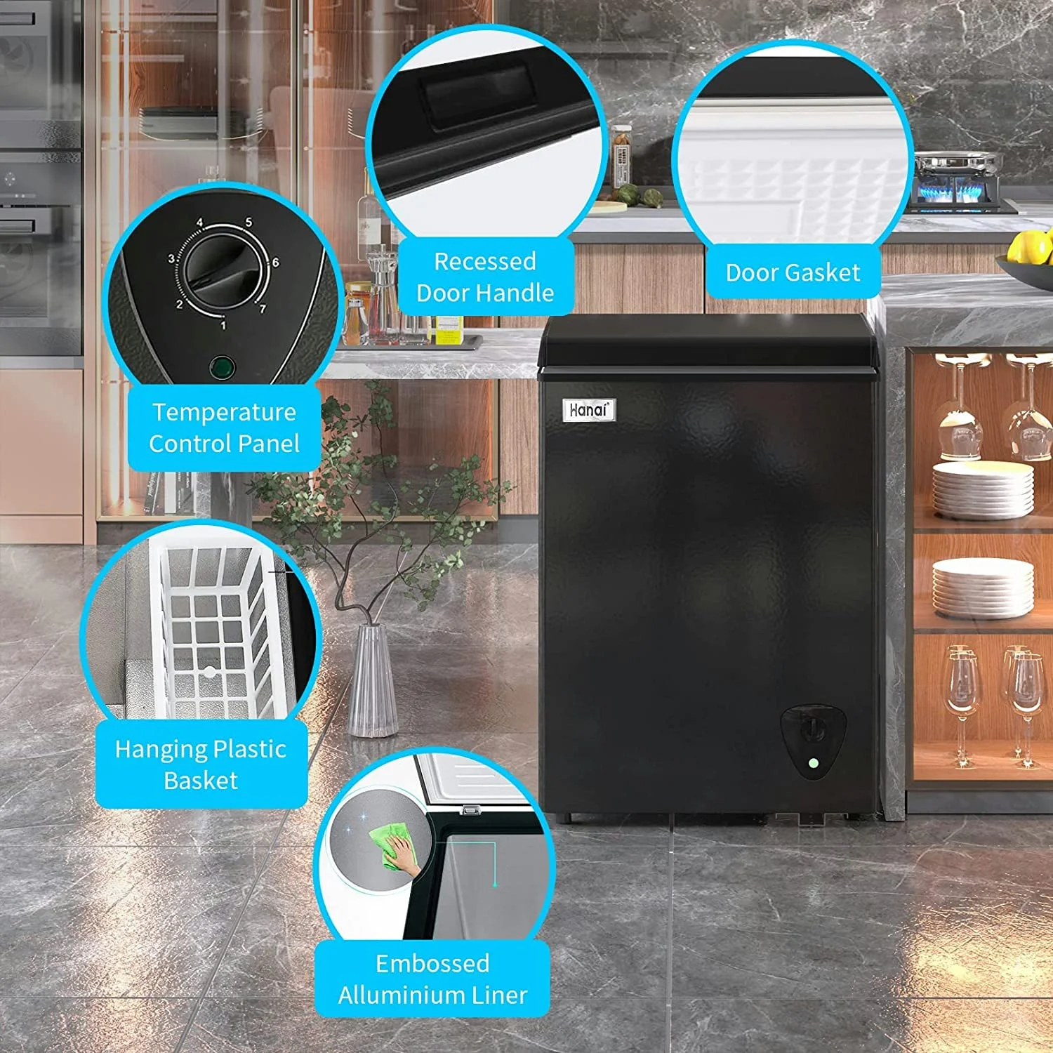 Deep Freezer AUCHI 3.5 Cubic Chest Freezer with Top Open Door and Removable Storage Basket, 7 Gears Temperature Control, Energy Saving, Ideal for Office Dorm or Apartment