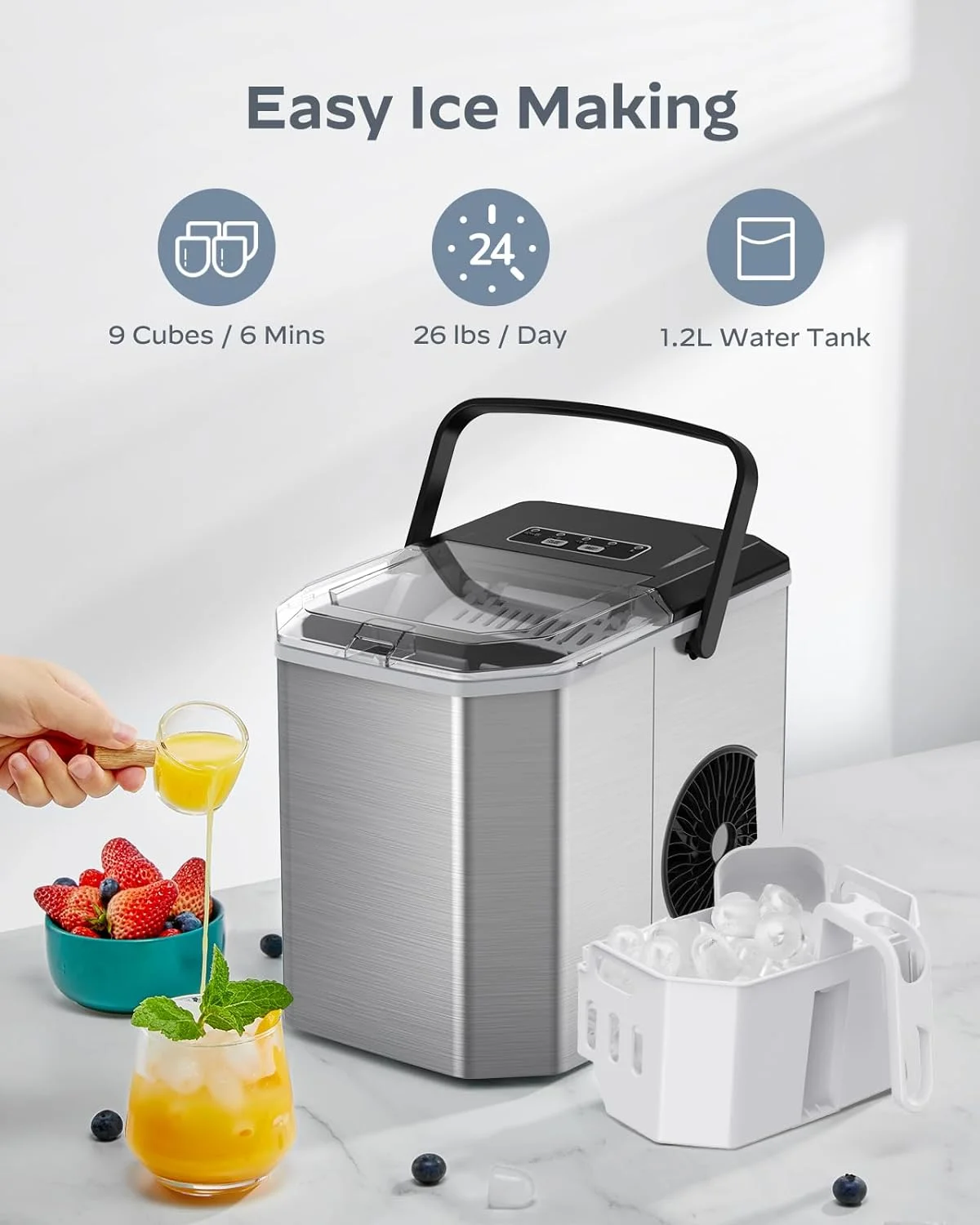 Ice Maker Countertop, Stainless Steel Portable Ice Machine with Carry Handle, Self-Cleaning Ice Makers with Basket and Scoop, 9 Cubes in 6 Mins, 26 lbs per Day, Stainless Steel