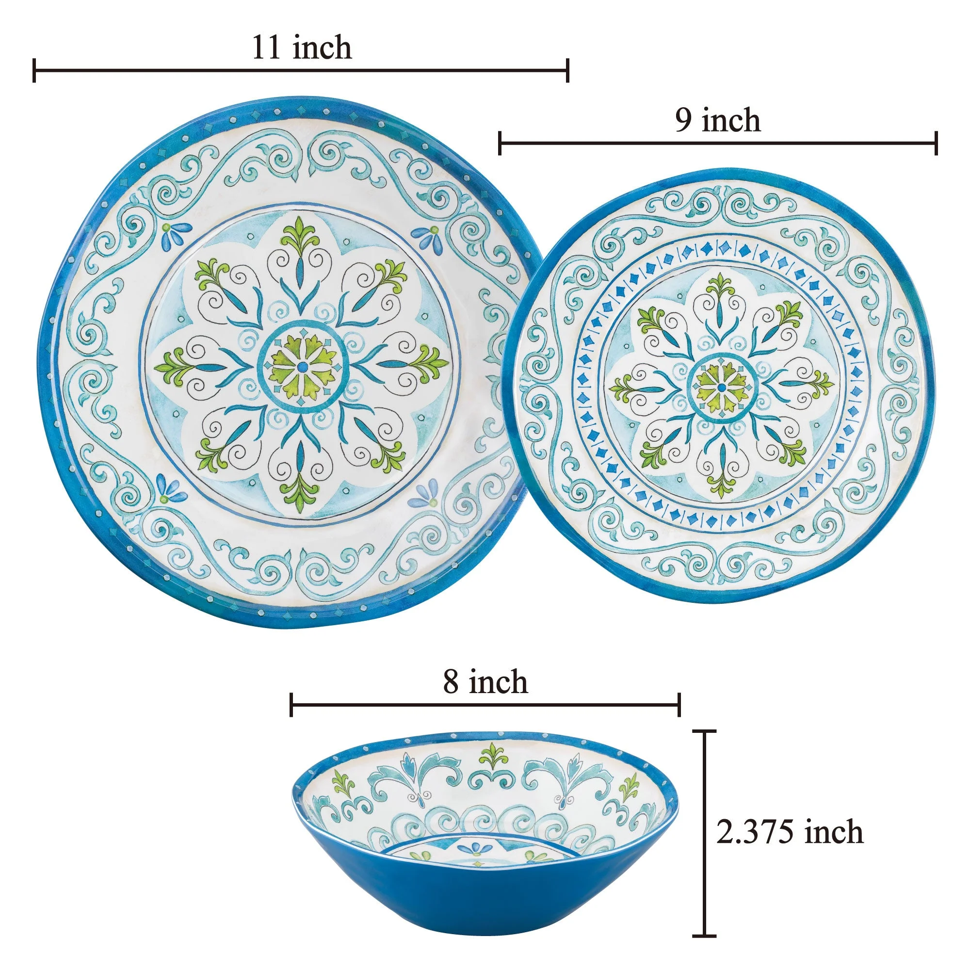 Gourmet Art 16-Piece Melamine Dinnerware Set, Includes Dinner Plates, Salad Plates, Dessert Plates, Bowls, Service for 4. (Jewel Medallion)