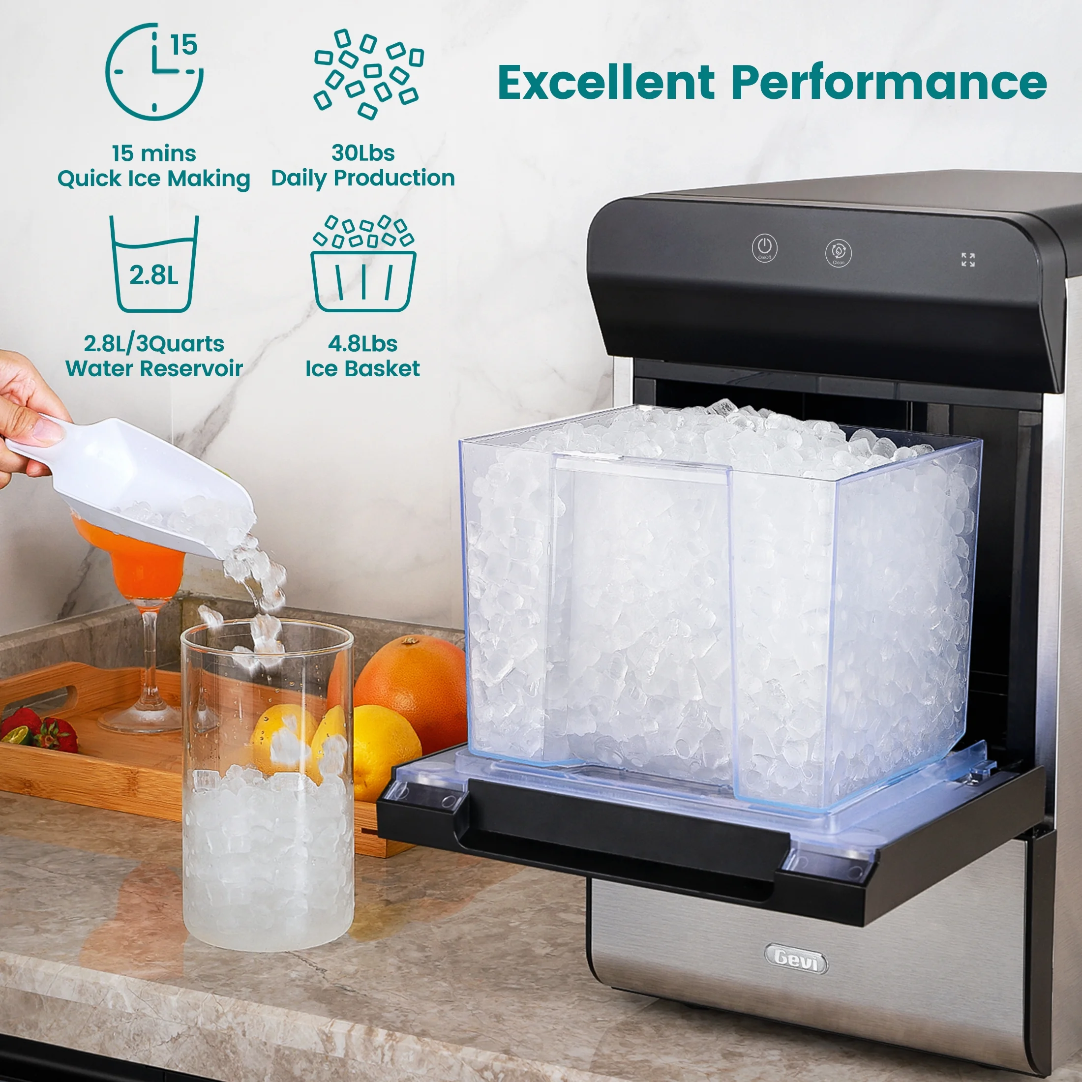 Gevi Countertop Nugget Ice Maker with Viewing Window - Making Pebble Ice 30lbs/Day | Self-Cleaning Ice Machine | Stainless Steel | Compact 16.9'H - Silver
