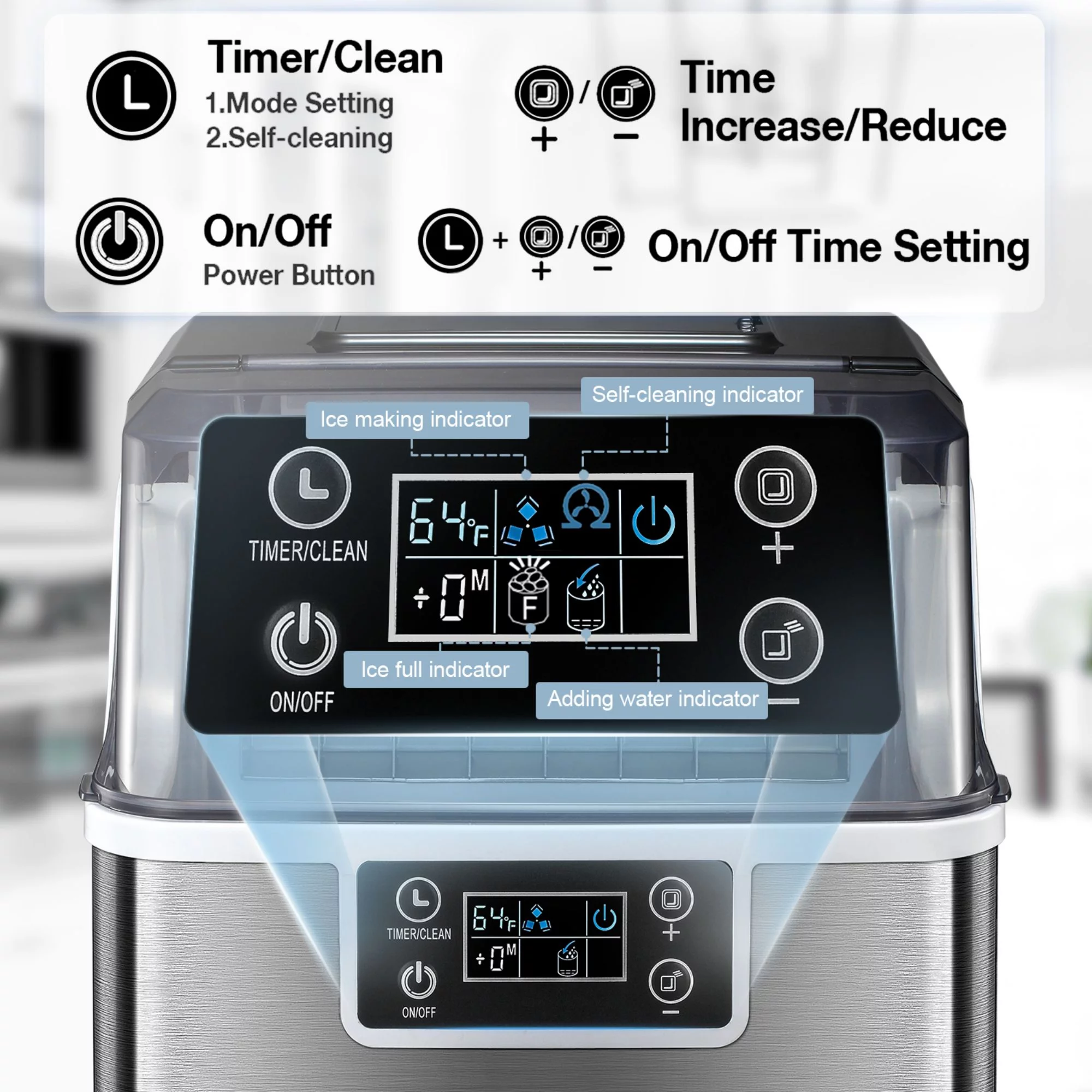 Besttey Portable Square Ice Maker 45lbs/Day, 2 Ways Water Refill, Self-Clean with Scoop & Basket, Silver