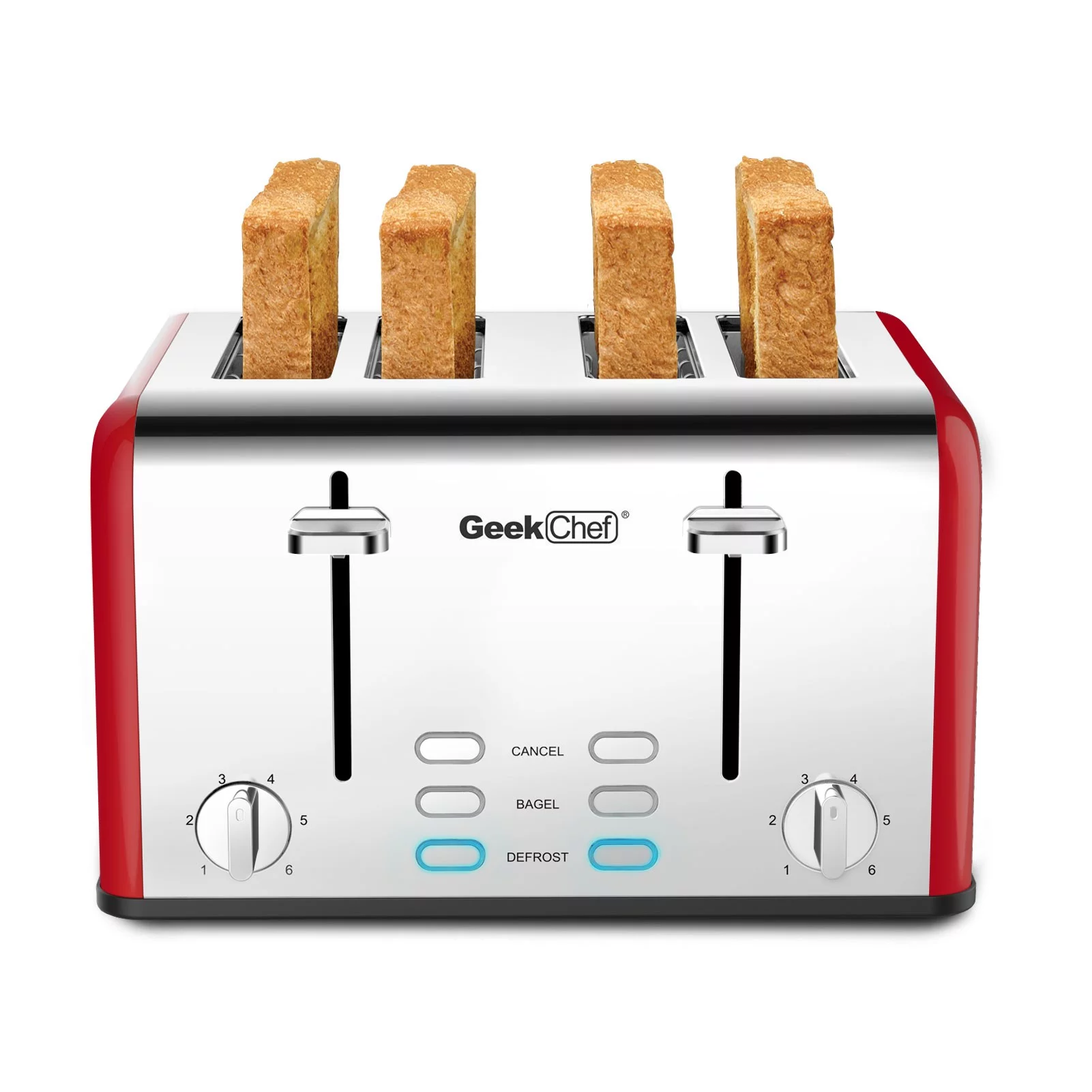 Geek Chef Toaster 4 Slice, Stainless Steel Extra-Wide Slot Toaster with Dual Control Panels of Bagel/Defrost/Cancel Function, 6 Toasting Bread Shade Settings, Removable Crumb Trays, Auto Pop-Up