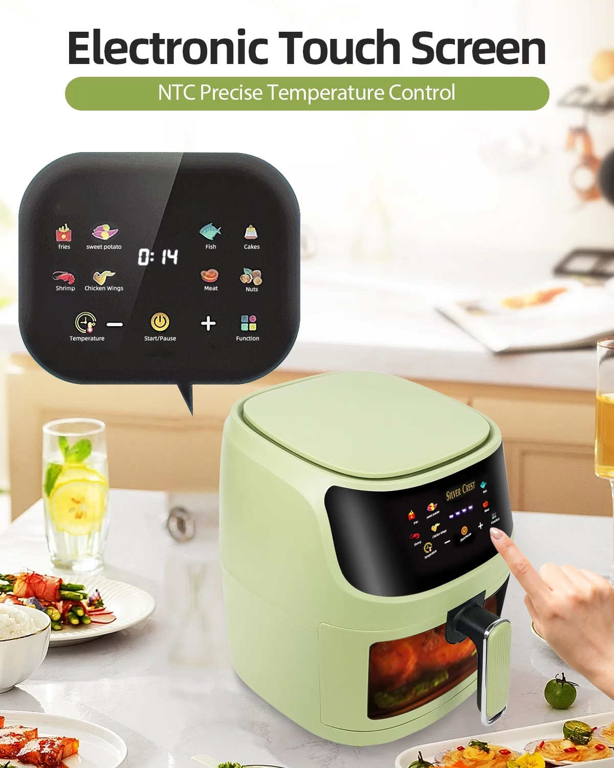 Air Fryer on Sale Air Fryer Oven 8.5QT, Digital One Touch Screen Airfryer, Oil less Air Cooker that Crisps, Roasts, Reheats, Easy Meals, Nonstick and Dishwasher Safe Basket, Stainless Steel, Green