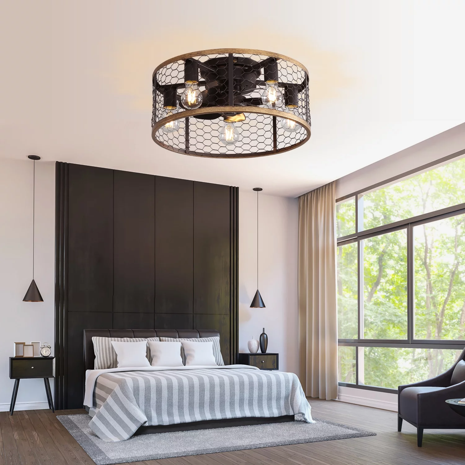 20' LED Caged Ceiling Fan 5 Pieces Lights Kit, Modern Style Chandelier, Remote Control,Matte Black