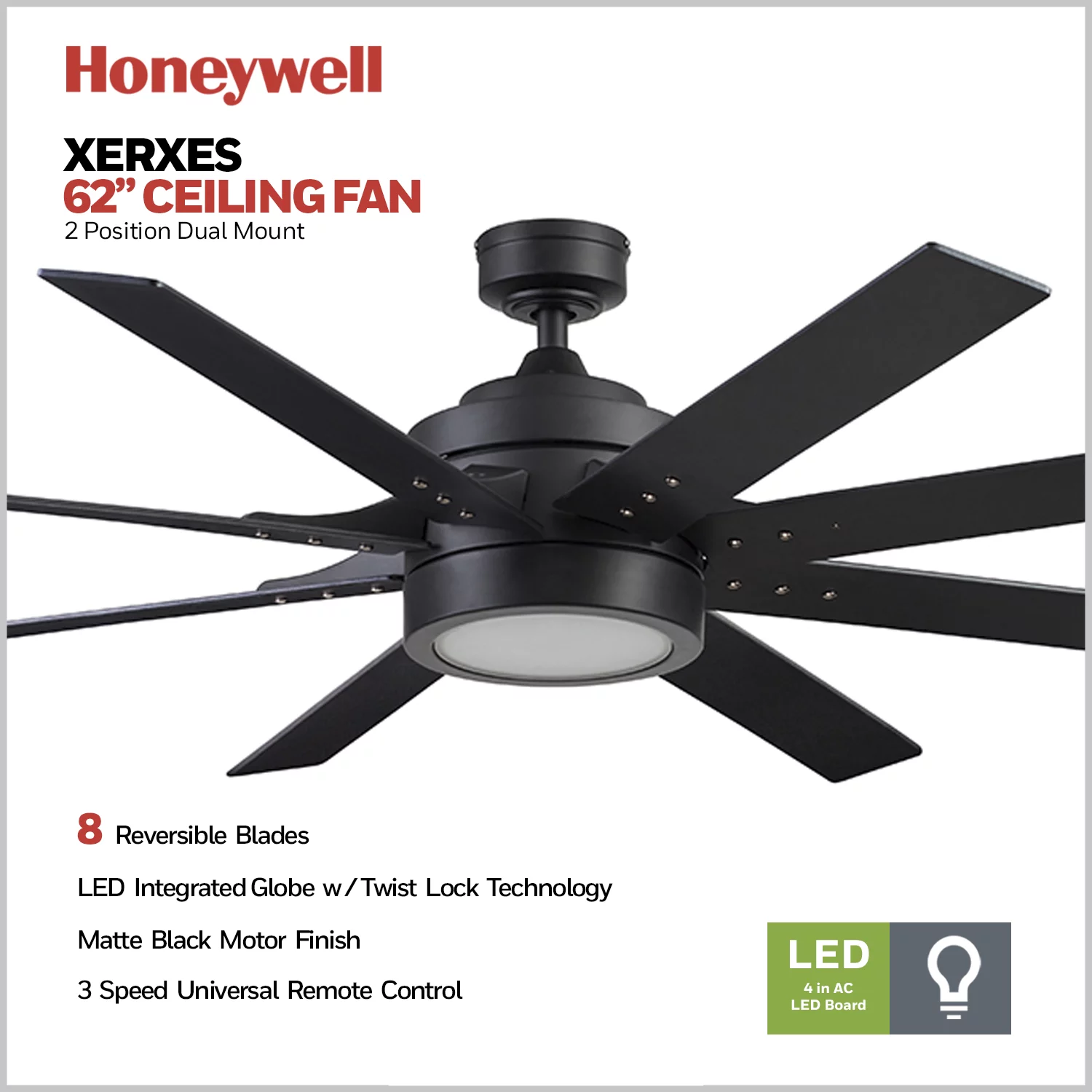 Honeywell 62' Xerxes Matte Black Remote Control Ceiling Fan, 8 Blades