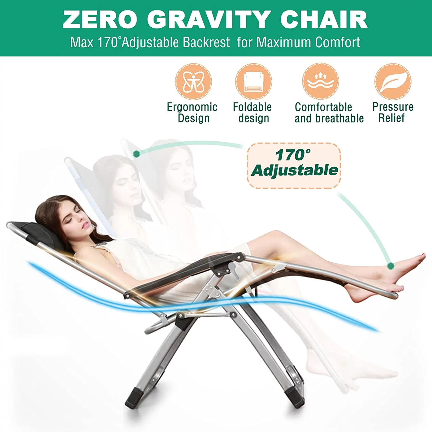 ABORON Zero Gravity Chair with Cushion & Headrest, Folding Lounge Chair, Zero Gravity Recliner Chair, Supports up to 440lbs