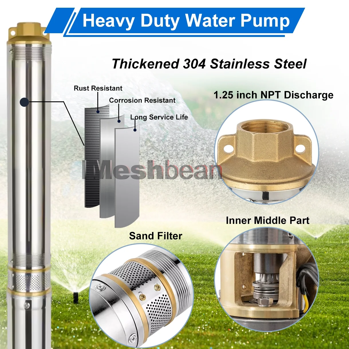 iMeshbean 3' Deep Submersible Well Pump 3/4 HP Submersible Well Pump 110V 13GPM Water Pump 247ft Head with 100ft Electric Cable Stainless Steel Water Well Pumps Submersible