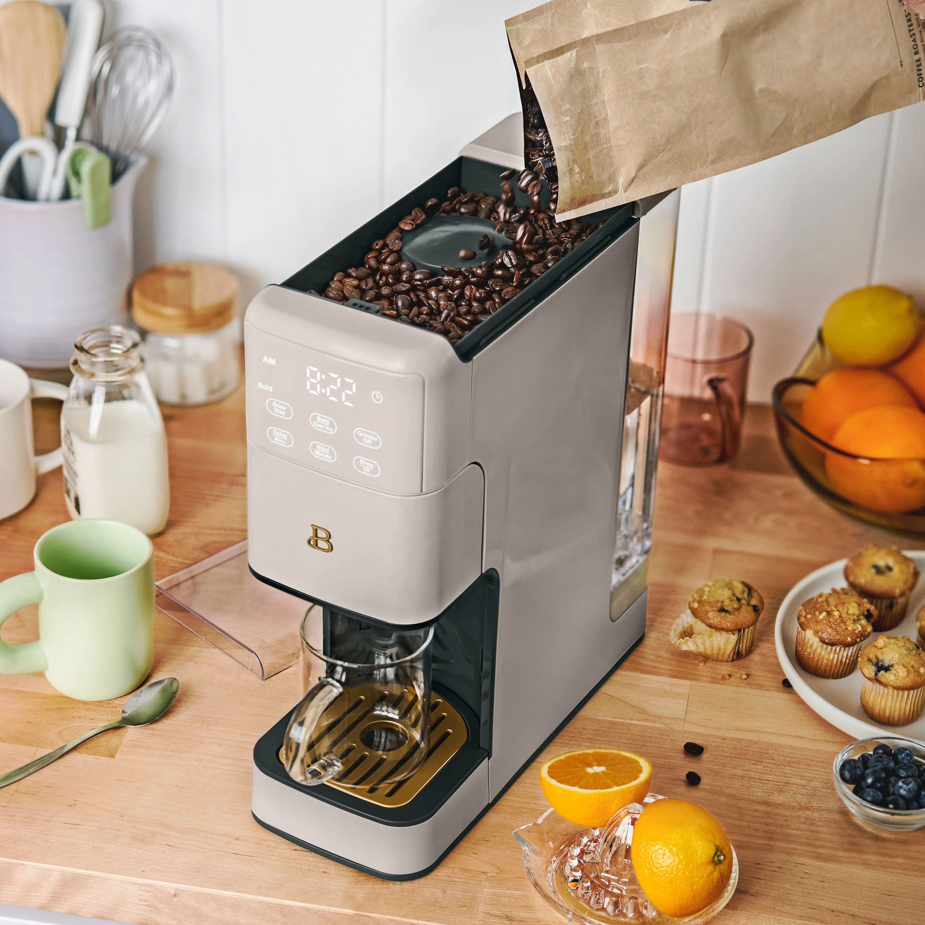 Beautiful Perfect Grind Programmable Single Serve Coffee Maker, Porcini Taupe by Drew Barrymore