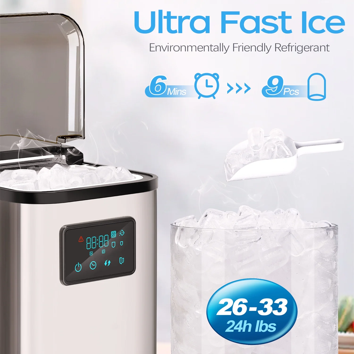 Ice Maker Countertop Mini Ice Maker Machine 28lbs/24Hrs 6 Mins/9 Pcs Bullet Ice Self Cleaning