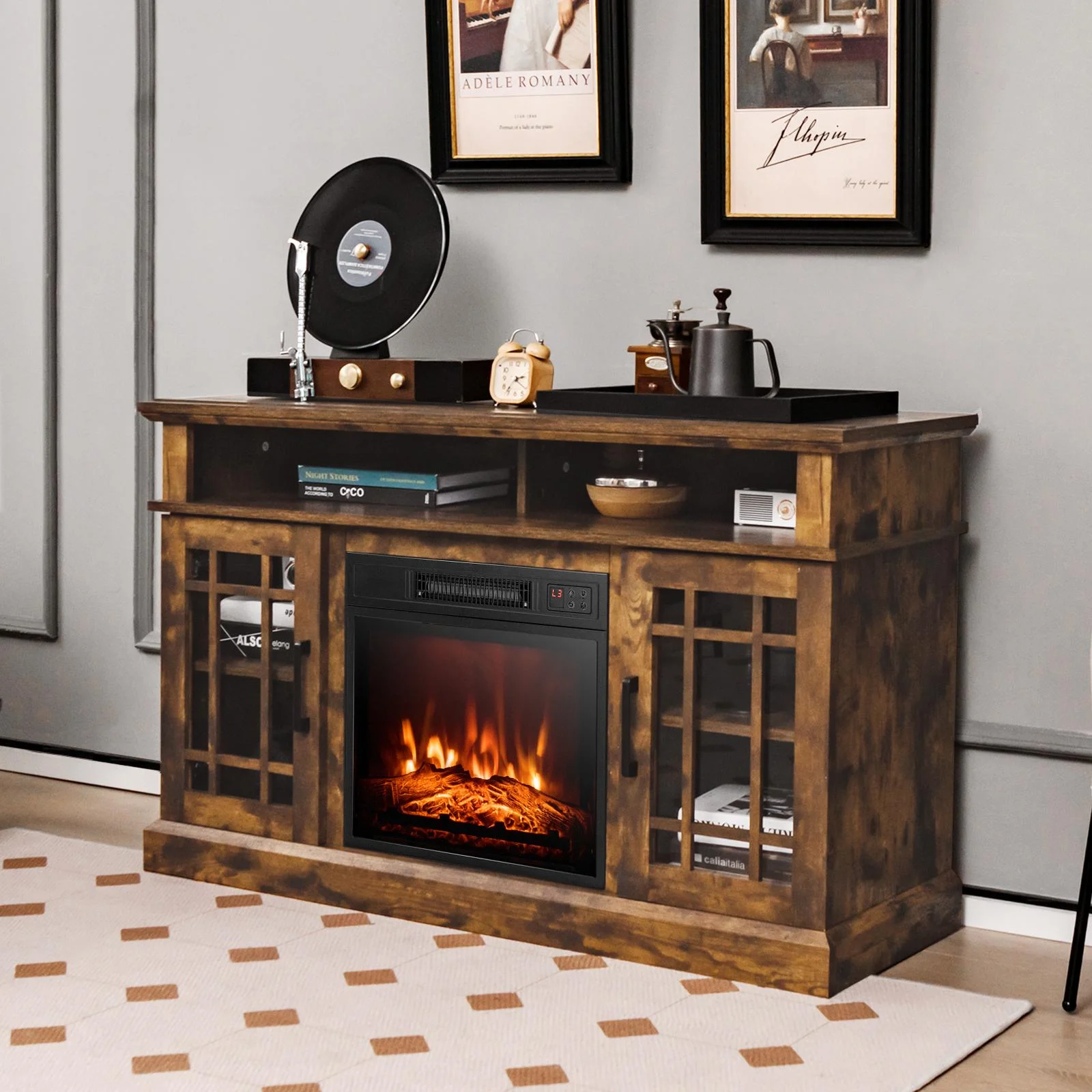 Giantex 48' Wooden TV Stand w/Fireplace, Electric Fireplace TV Cabinet, Farmhouse Media Entertainment Center Console Table, Brown