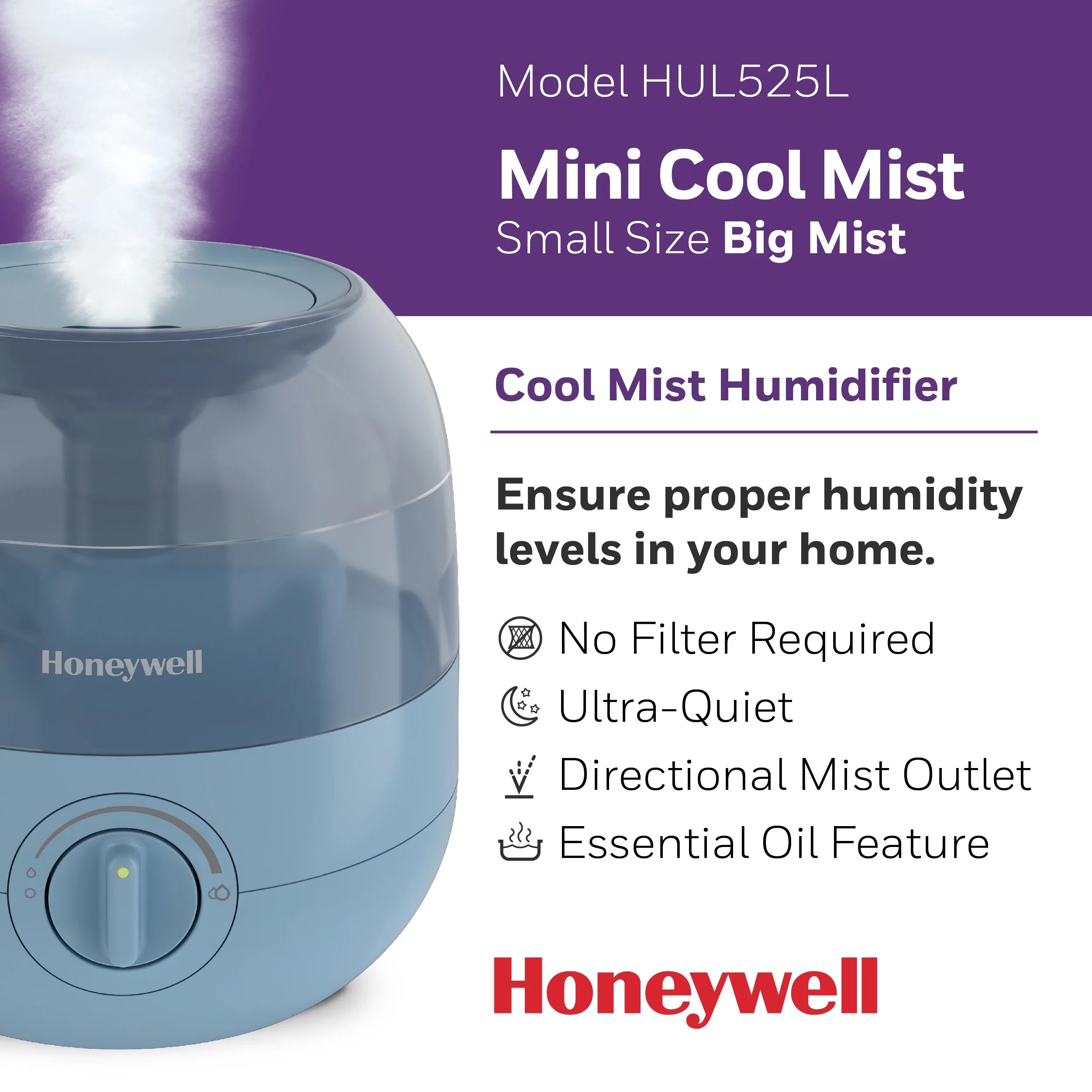 Honeywell Mini Cool Mist Humidifier for Bedroom or Office, Blue, 200 sq ft, HUL525L