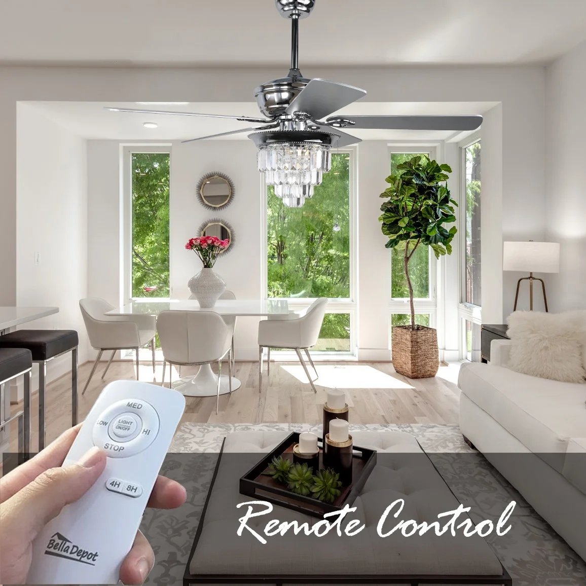 52' Modern Sliver Crystal Ceiling Fan with Dimmable Light, 3-Speed Reversible Ceiling Fan with Remote