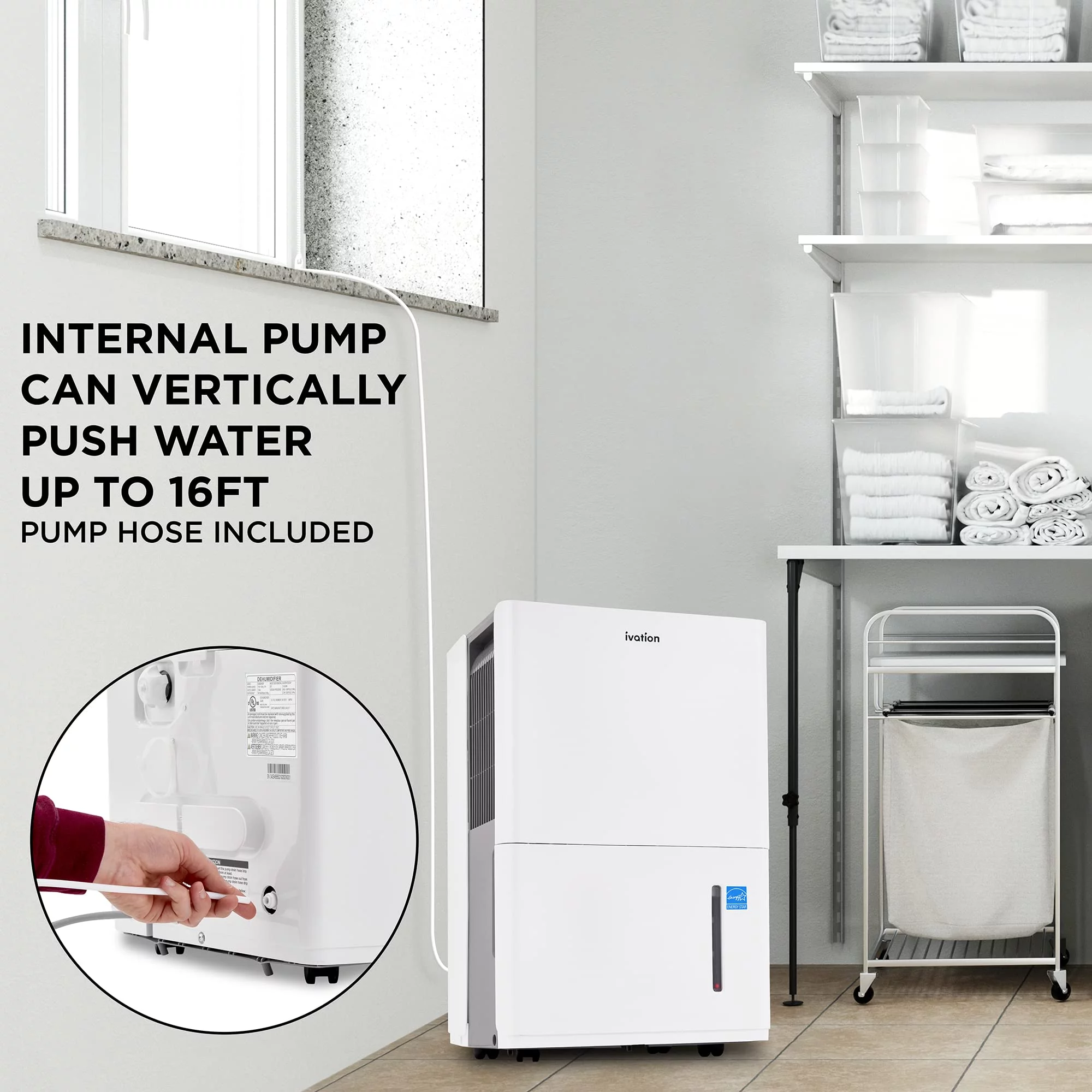 Ivation 4,500 Sq. Ft Energy Star Dehumidifier with Drain Hose Connector & Pump for Big Rooms