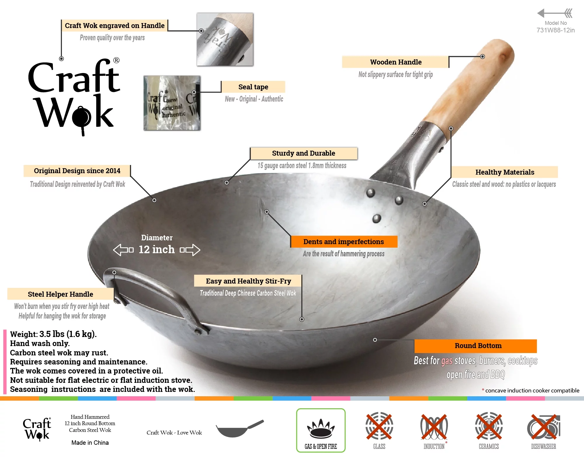 Craft Wok 12 inch Hand Hammered Carbon Steel Wok with Round Bottom / 731W88-12in