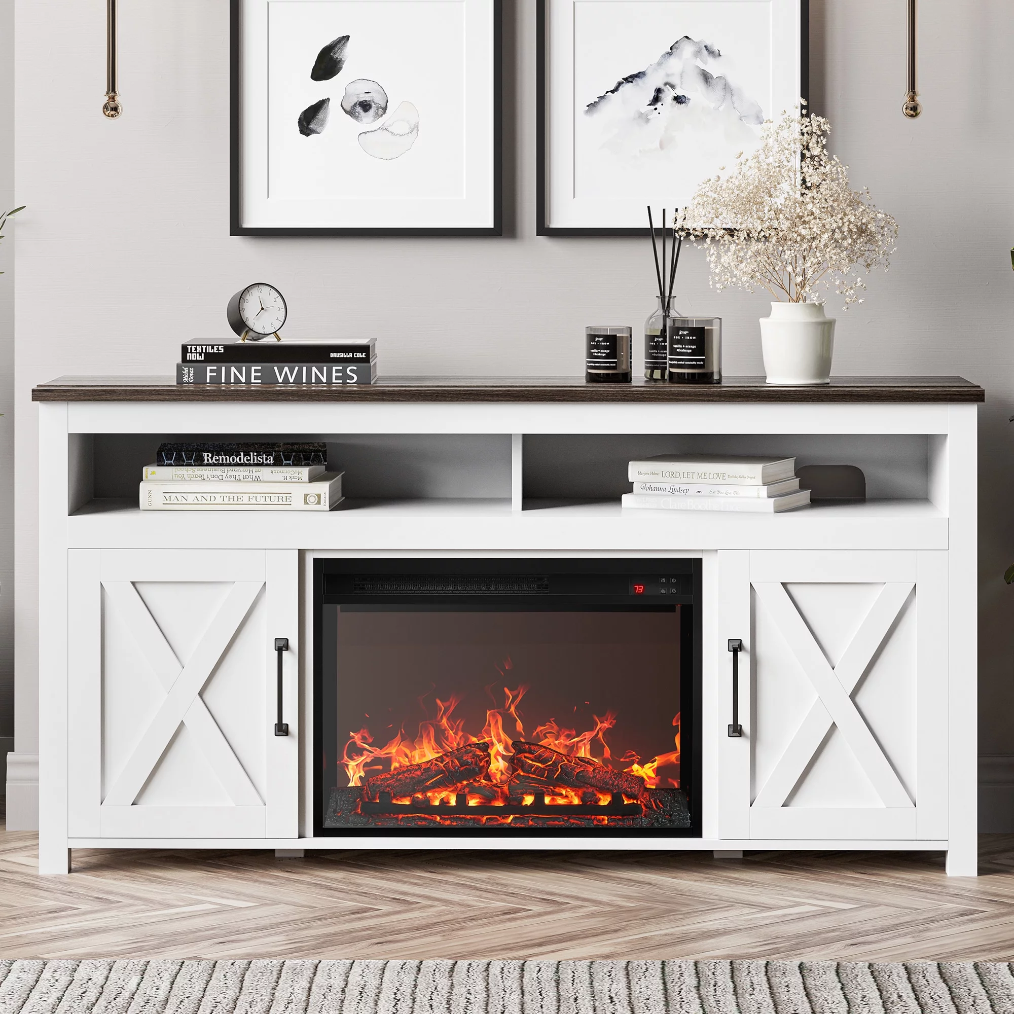 BELLEZE 58' TV Stand with 23' Electric Fireplace, Barn Door TV Stand for TVs up to 60