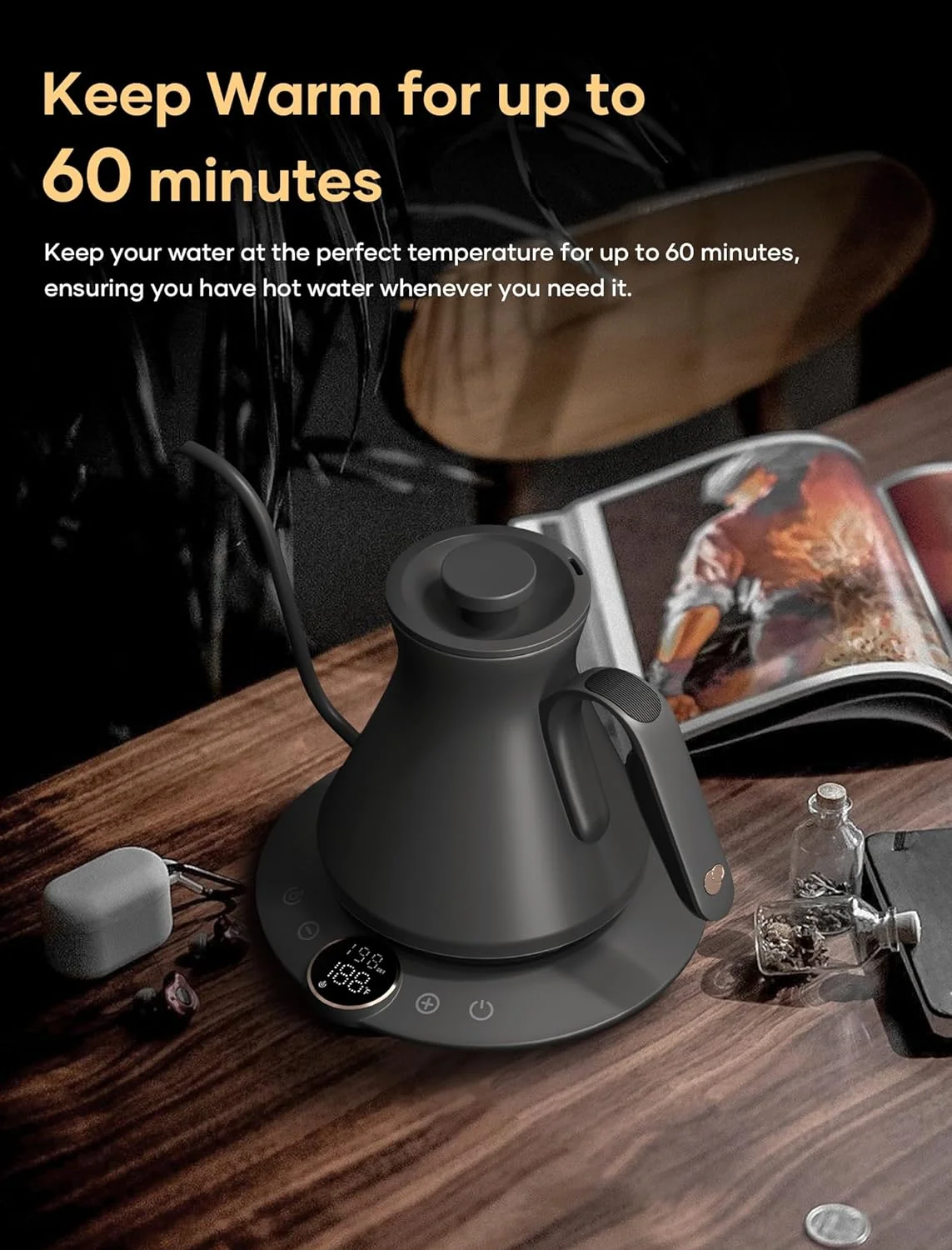 Gooseneck Electric Kettle with One-touch ��1�H Temperature Control & Digital Screen for Pour Over Coffee & Tea, Rapid Boil Hot Water, 0.6L Matte Black (FLOW B6)