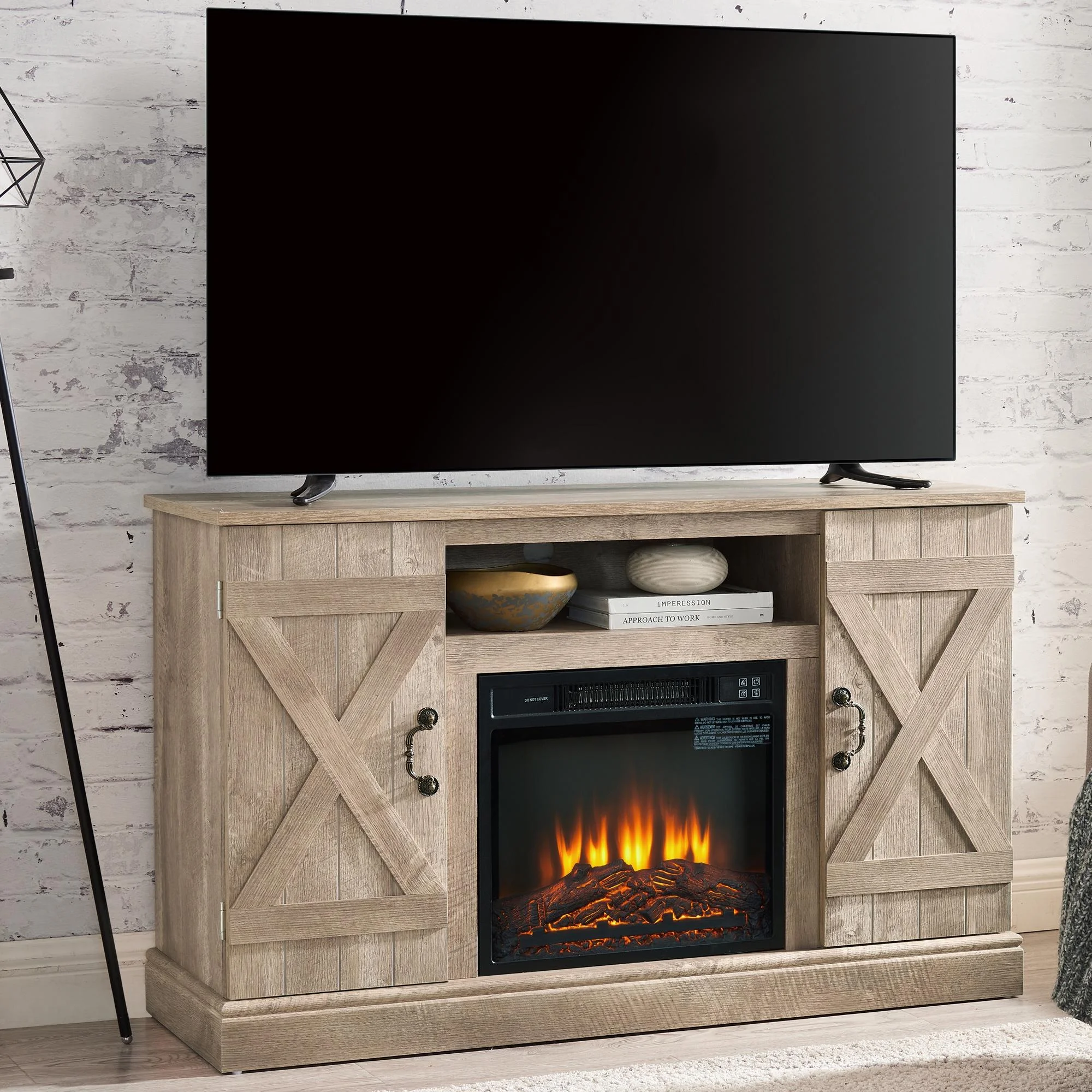 58' TV Stand with Fireplace for 65inch TV, Brown Electric Fireplace TV Stand, Flame & Temperature Adjustment Wood Fake Fireplace Entertainment Center
